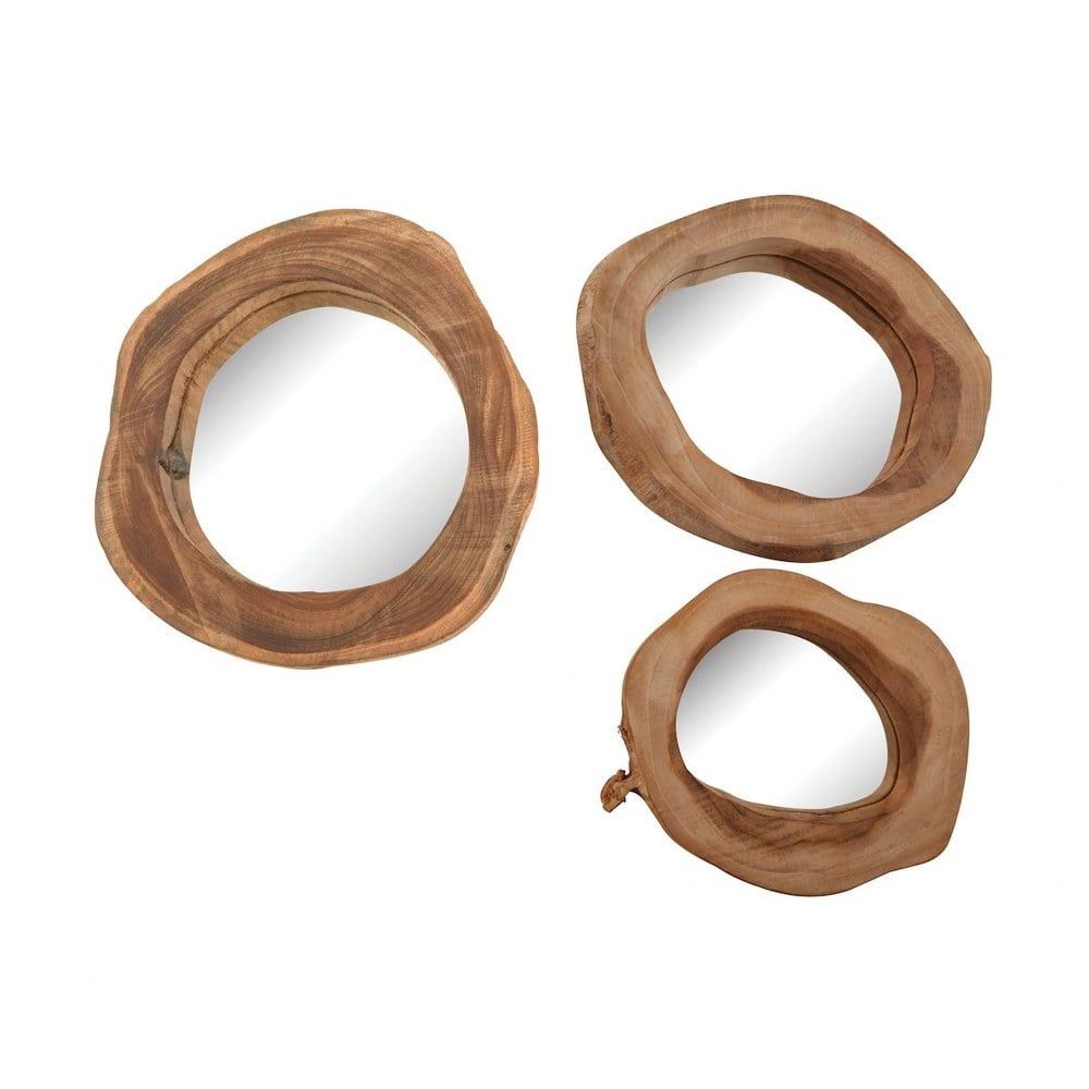 Natural Teak Round Wood Mirror Set of 3