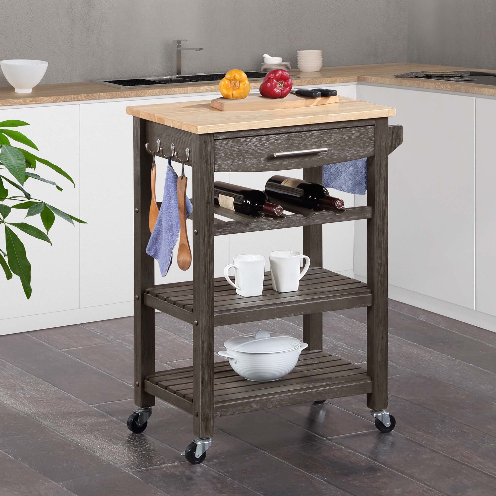 Gray Rubberwood Butcher Block Kitchen Cart with Wine Rack