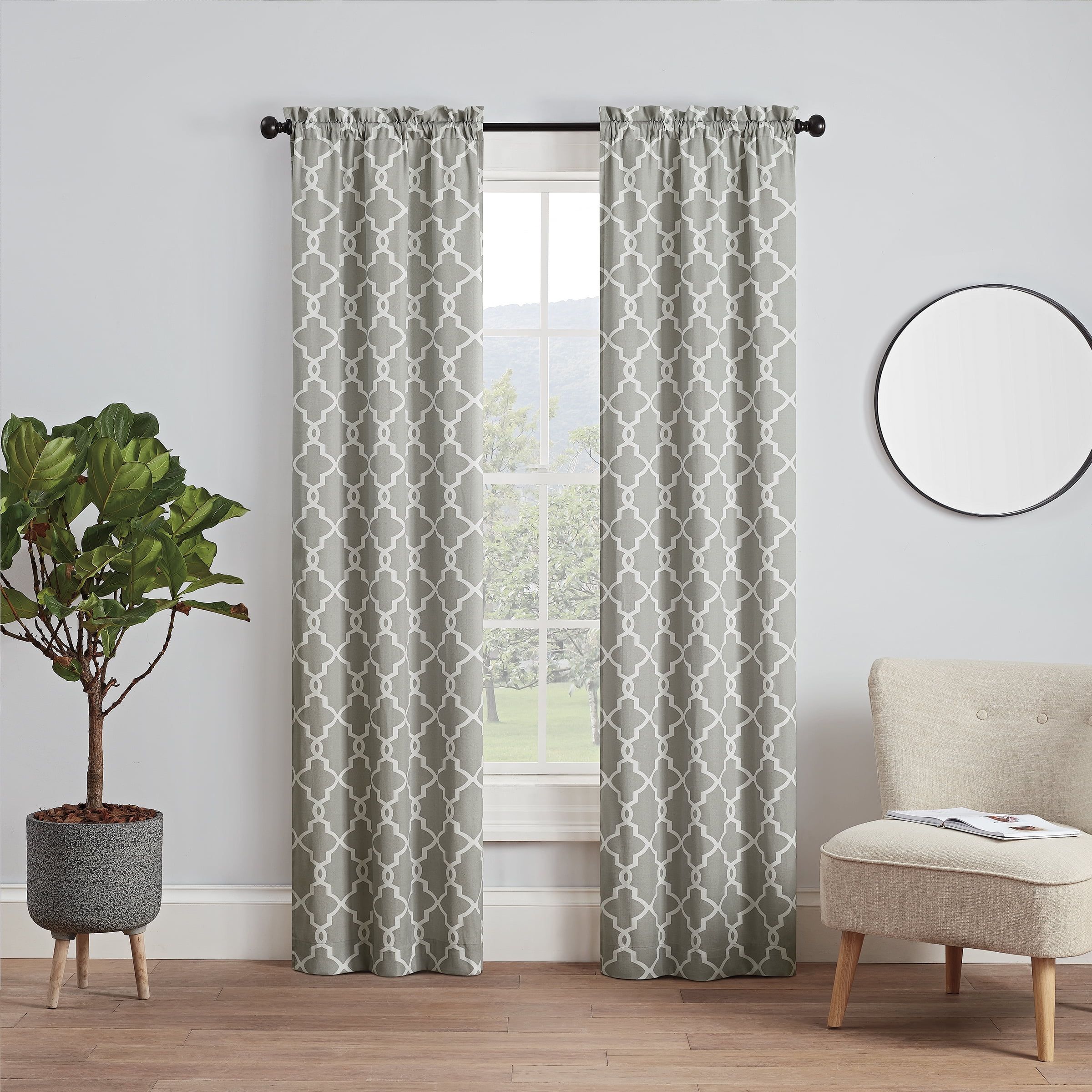 Vickery Gray Trellis Print Rod Pocket Light-Filtering Curtains, 56" x 63"