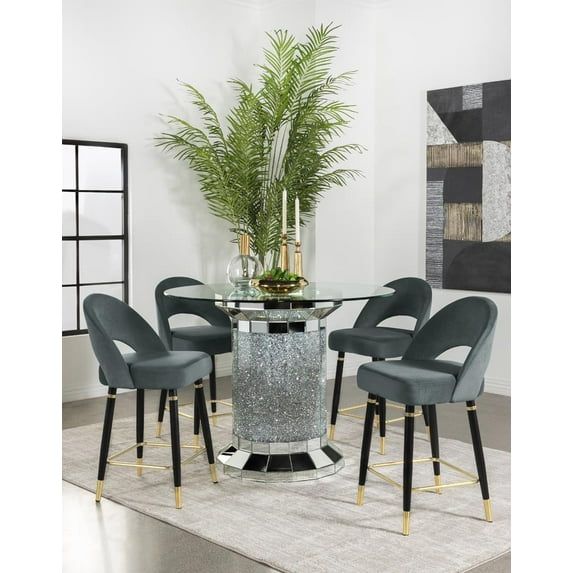 Ellie Round Clear Glass Pedestal Dining Set with Gray Velvet Chairs