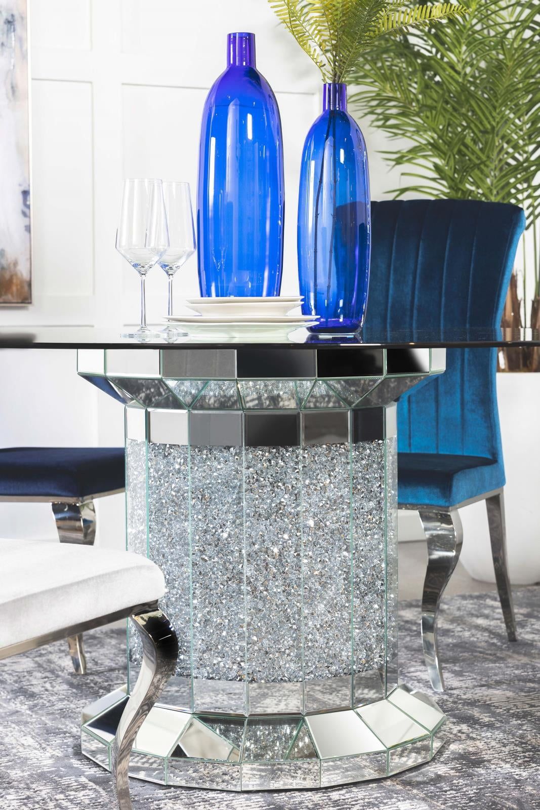 Silver Round Glass Top Dining Table with Mirrored Pedestal