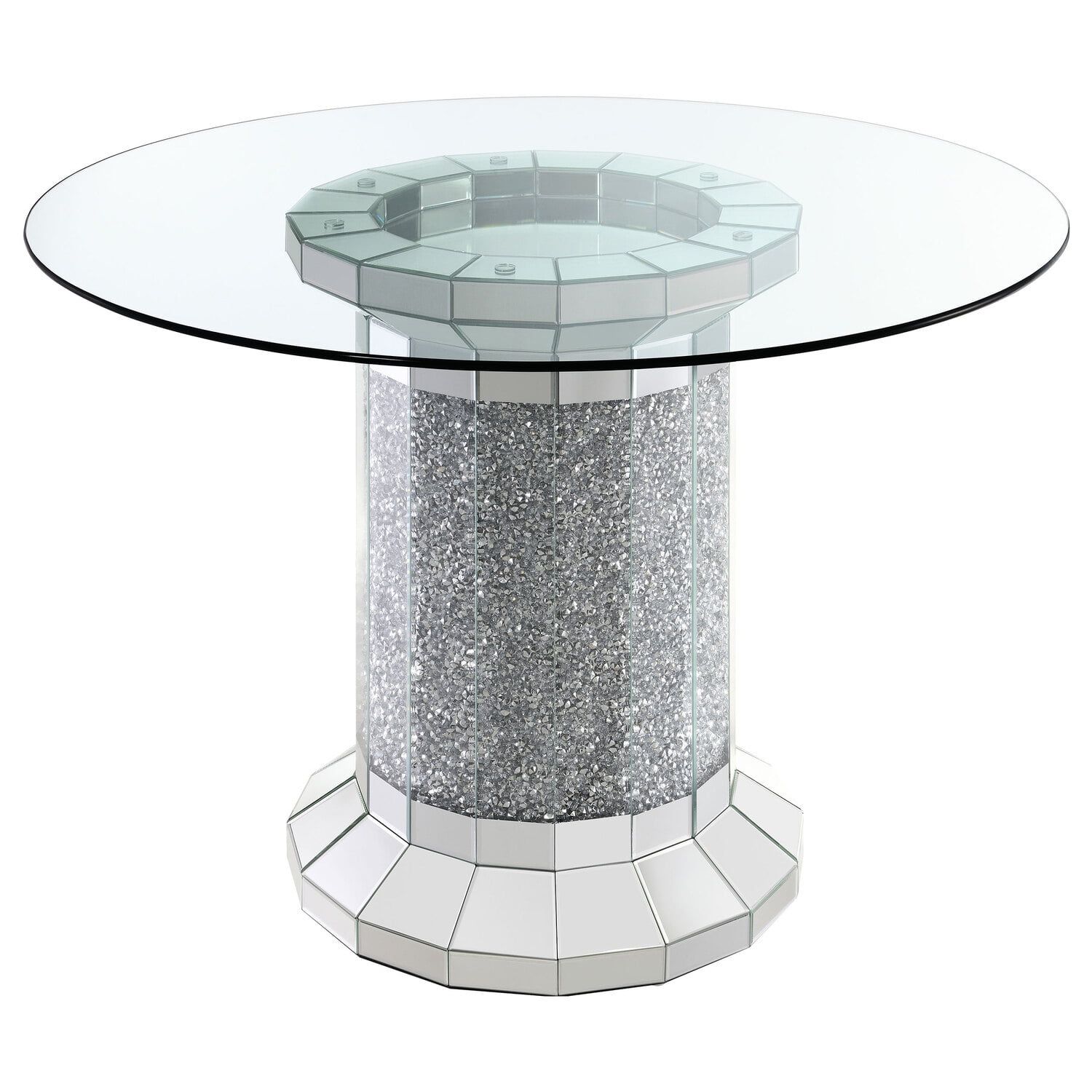 Glam Silver Round Glass Counter Height Table with Faux Diamond Inlay