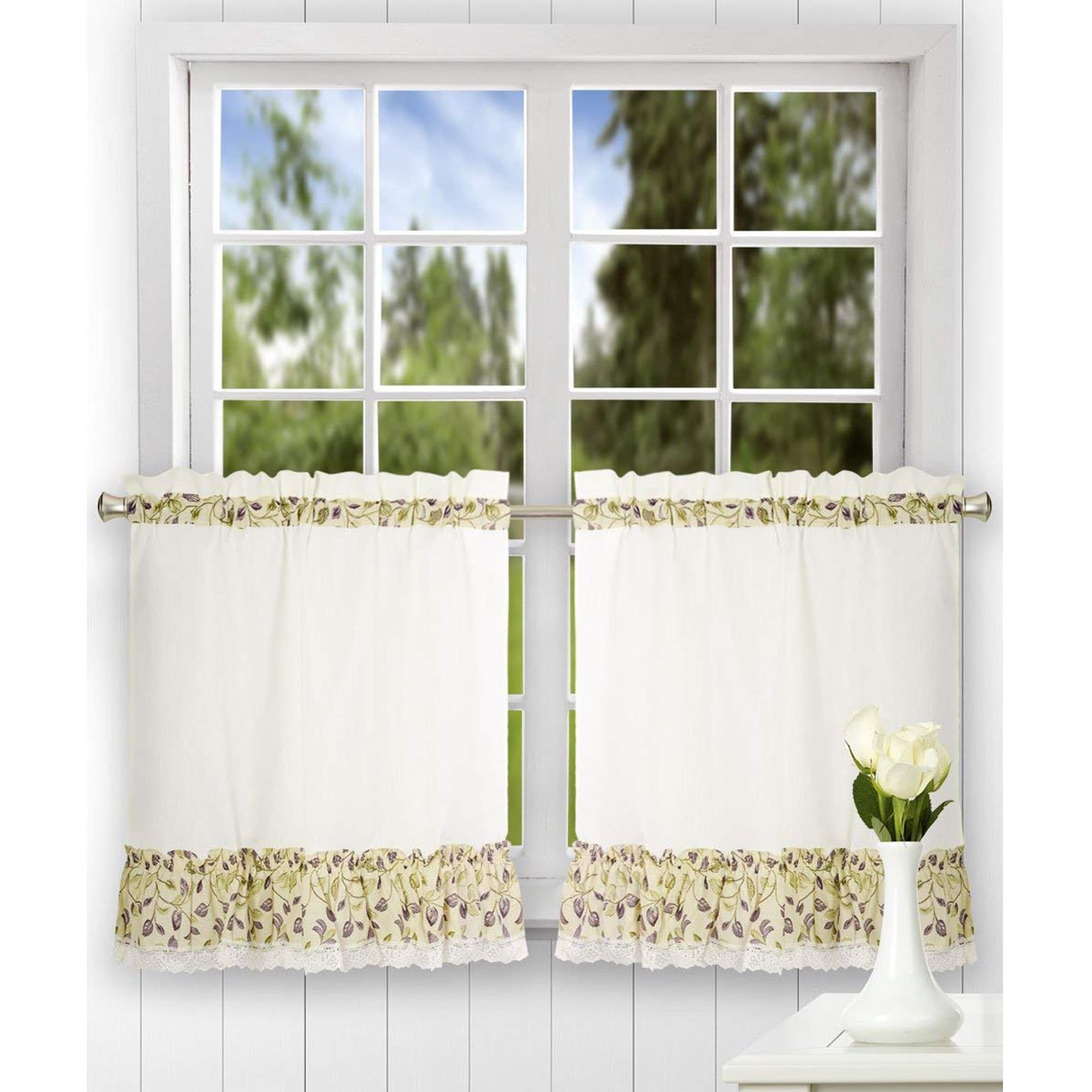 Violet Cotton Polyester Lace Detail Kitchen Tier Curtains