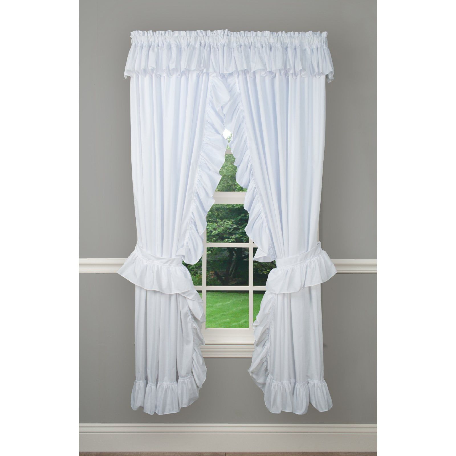 White Ruffled Cotton Polyester Rod Pocket Curtain Panel Pair