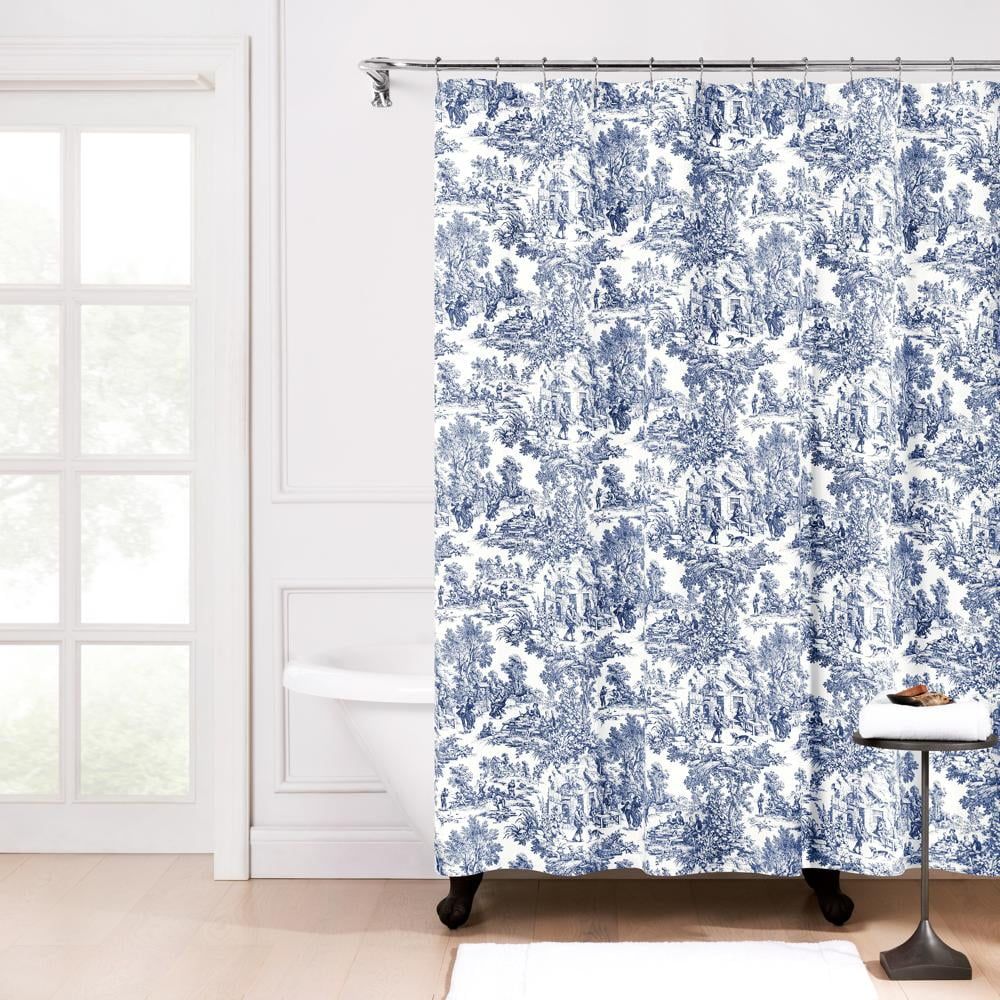 Victoria Park Toile Blue Cotton Blackout Shower Curtain 72 x 70