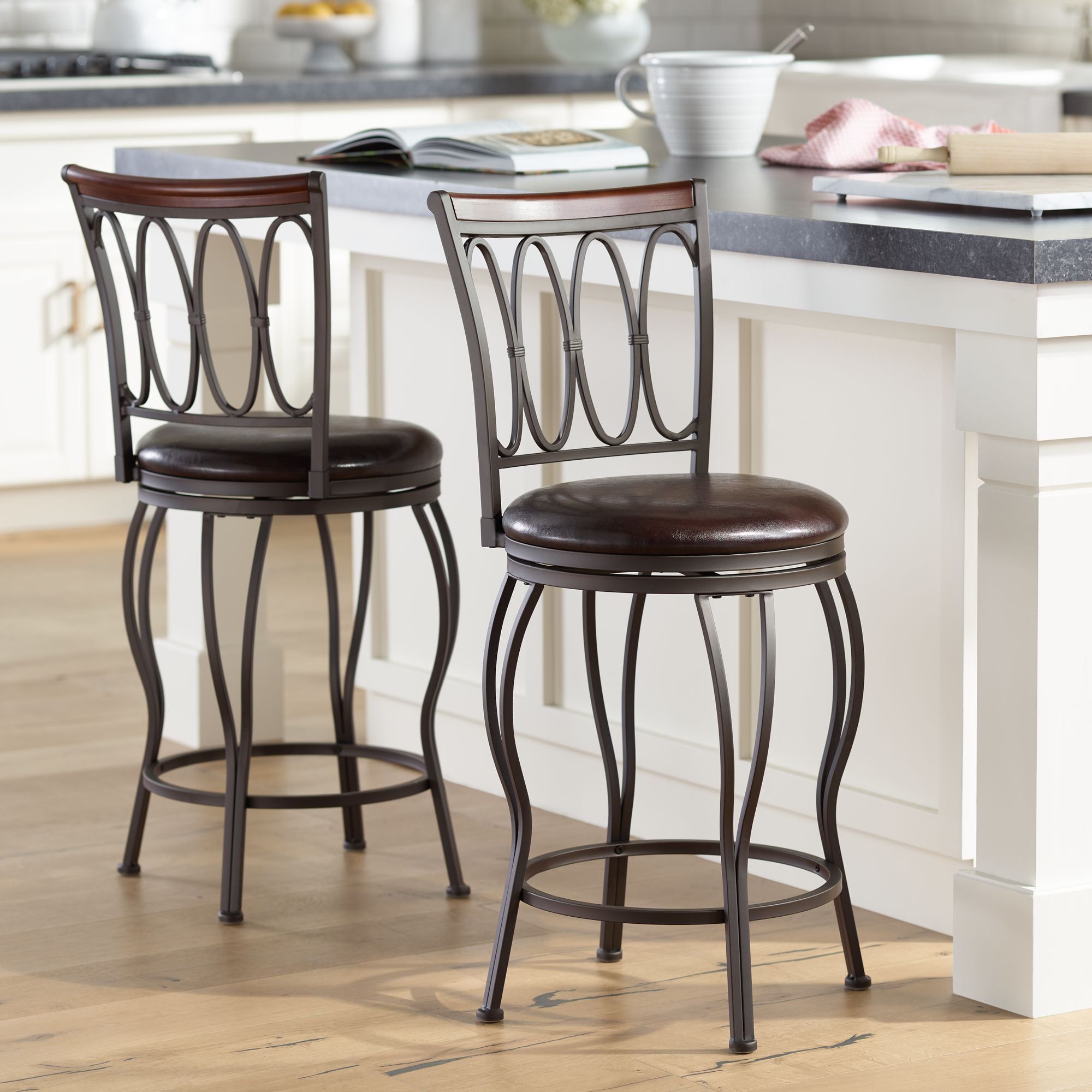 Bronze Metal Swivel Bar Stools with Brown Faux Leather Seats, Set of 2