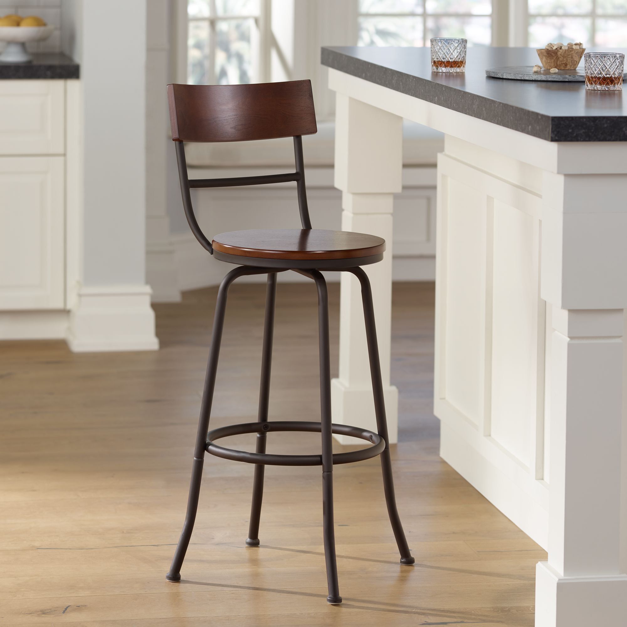 Langdon 29" Bronze Metal and Wood Swivel Bar Stool with Backrest