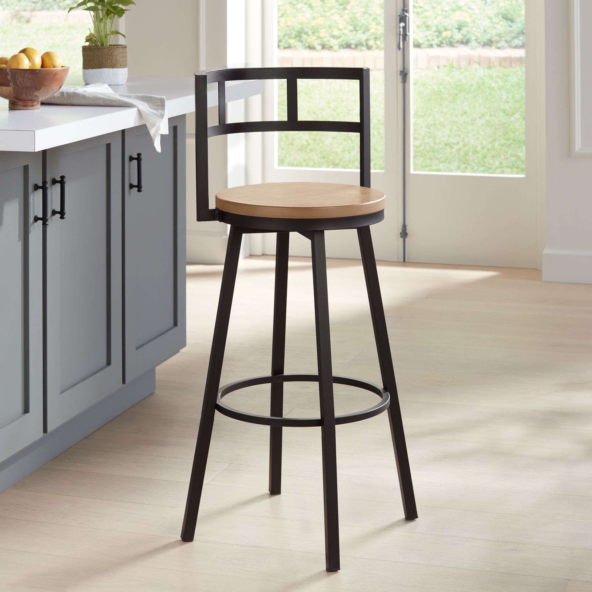 Matte Black Swivel Counter Stool with Gray Wood Seat