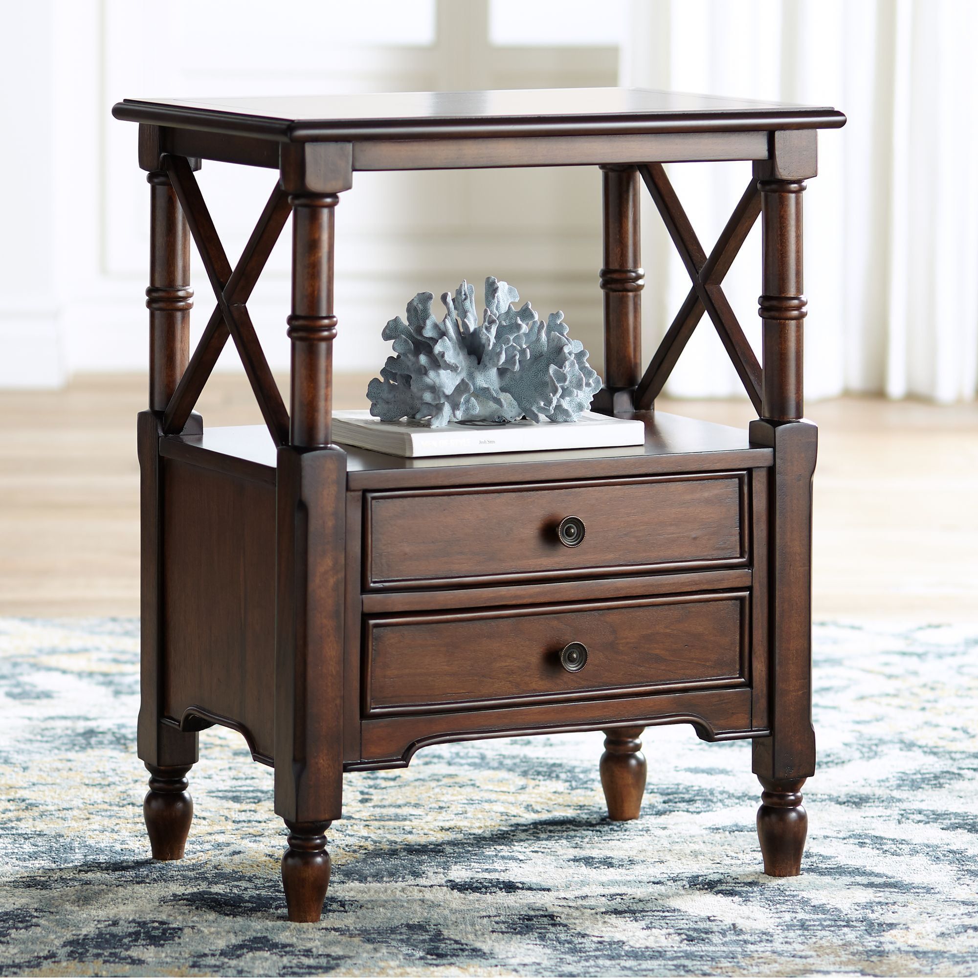 Walnut Finish Rectangular Wooden Accent Table with Storage