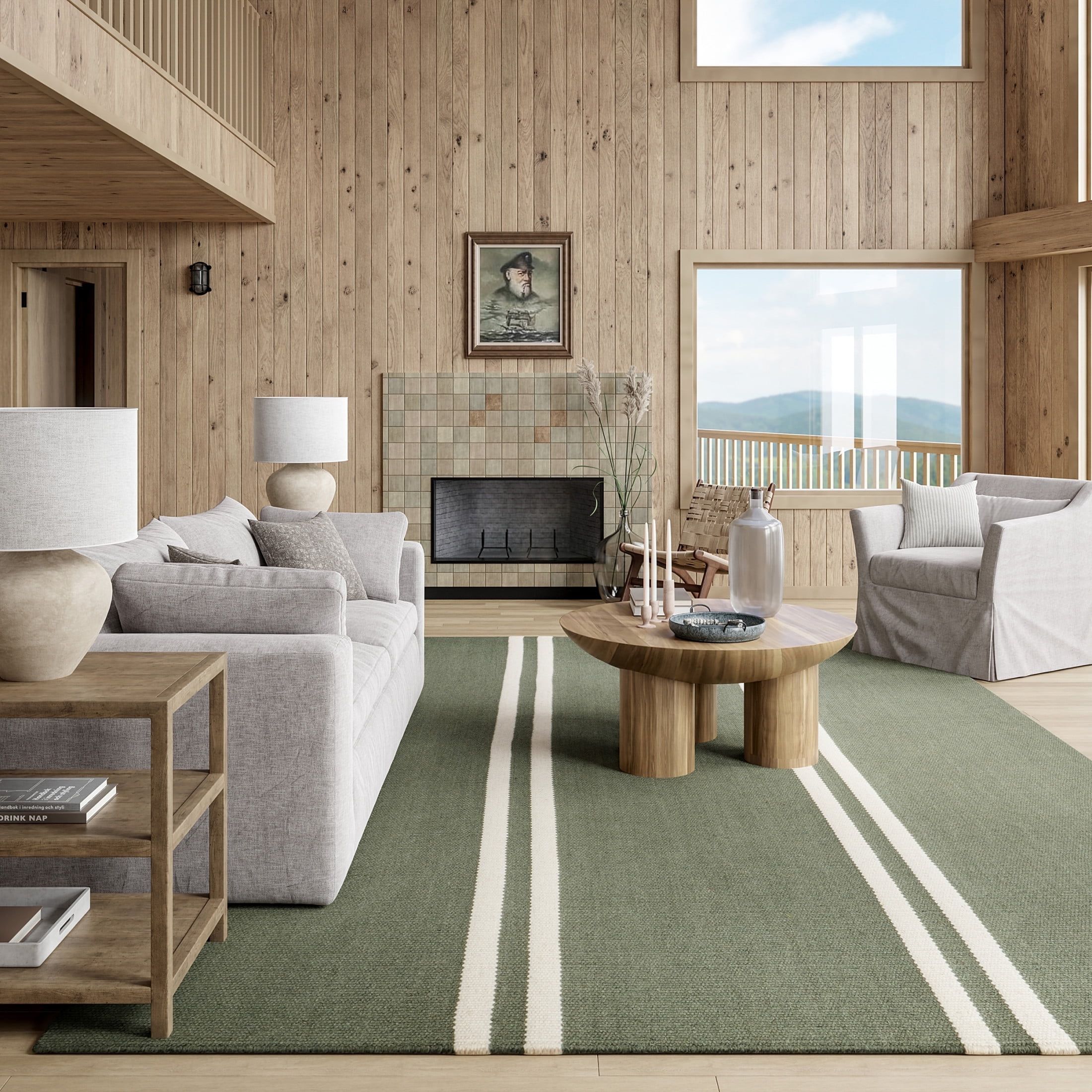 Sage Green and White Wool Striped 10' x 14' Area Rug