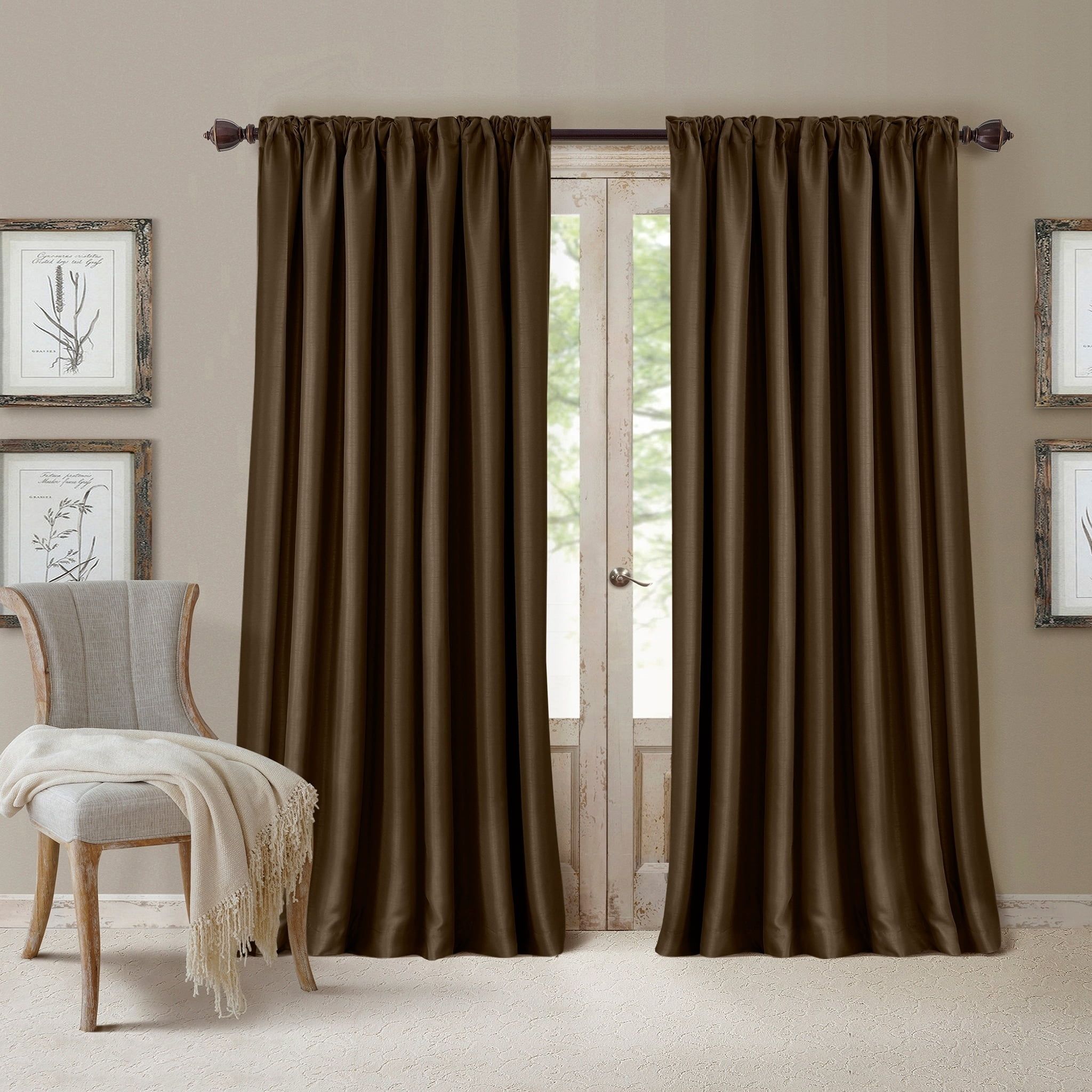 Chocolate Faux Silk Blackout Pleated Window Drapes, 52" x 95"