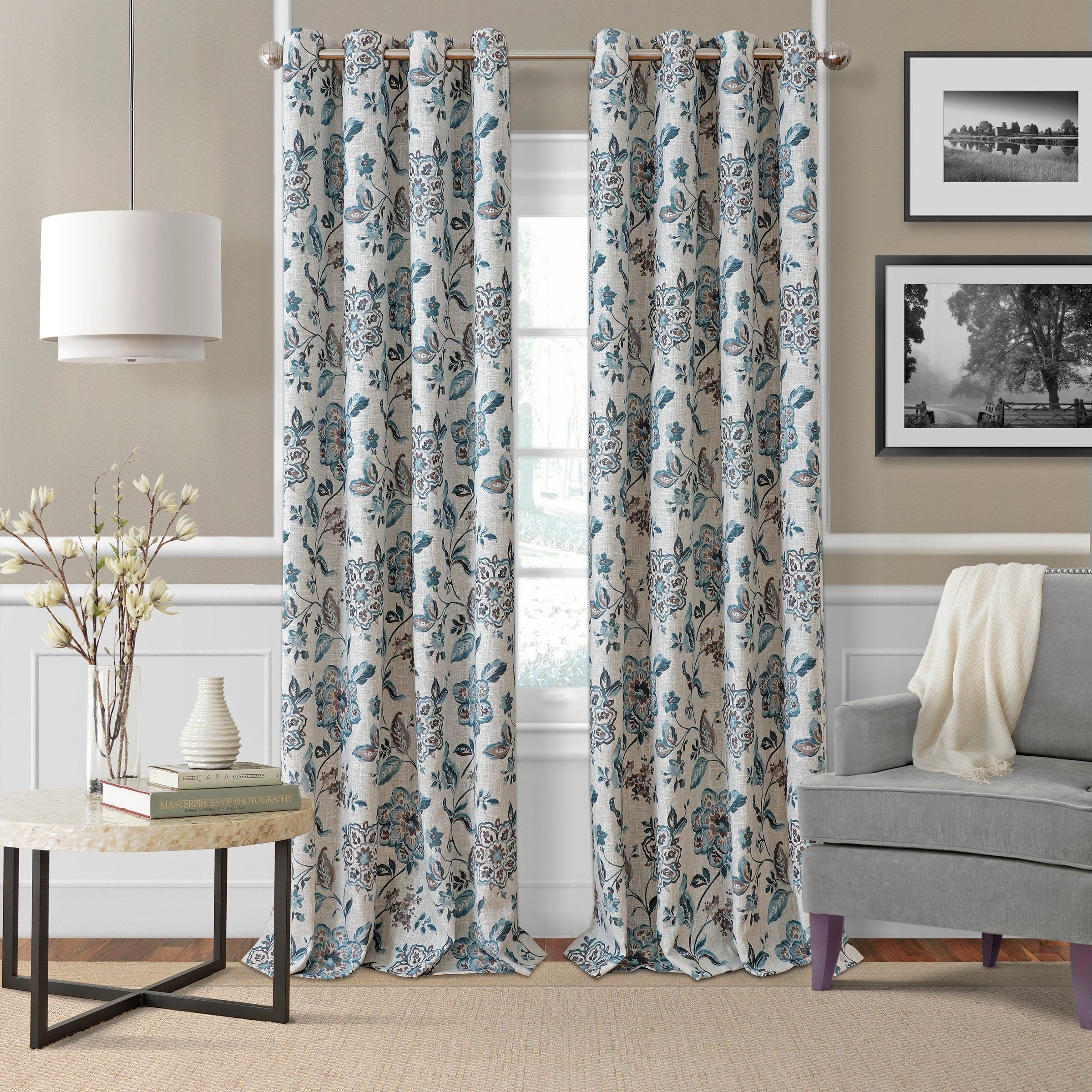 Blue Taupe Floral Blackout Grommet Curtain Panel 52" x 95"