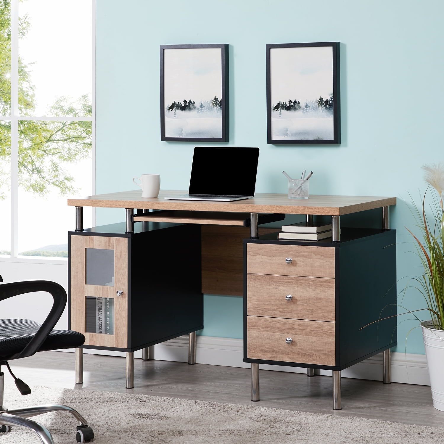 Black and Natural Wood Writing Desk with Drawers, Power Outlets, and USB Ports