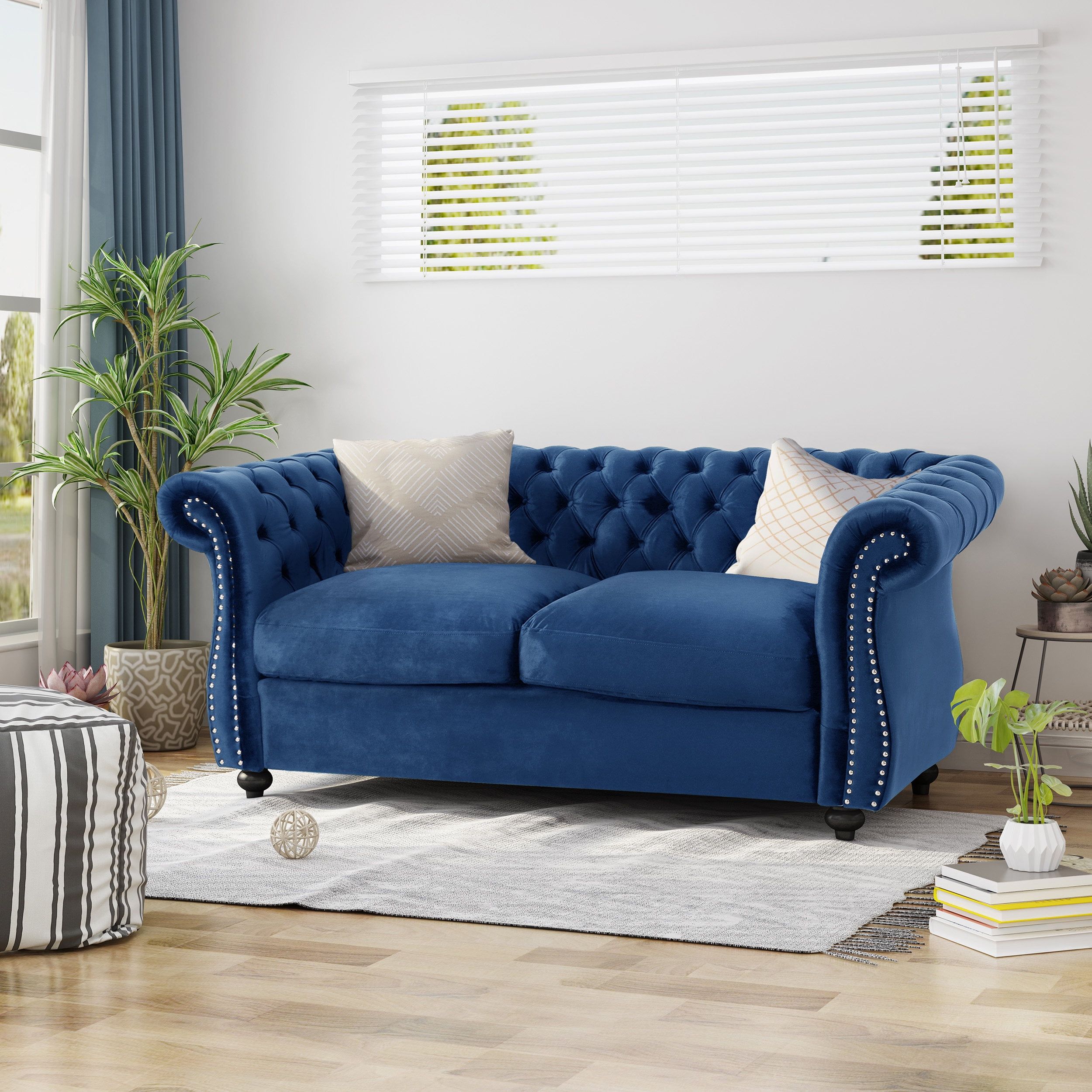 Navy Blue Velvet Chesterfield Loveseat with Nailhead Trim