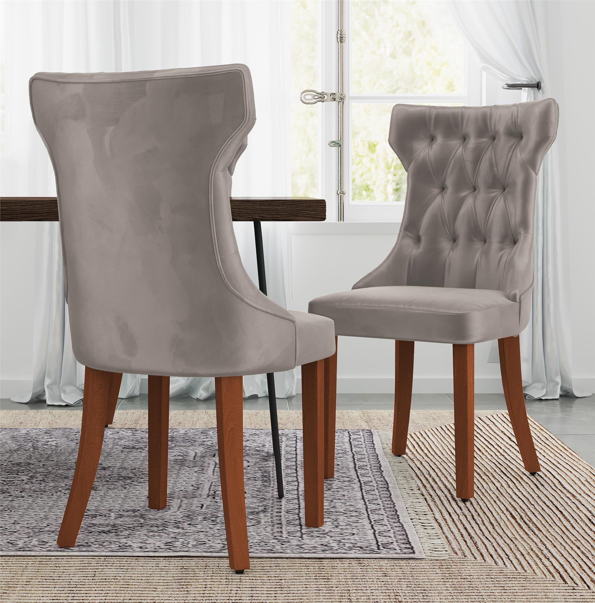 Taupe Microfiber Tufted Dining Chairs with Wood Legs, Set of 2