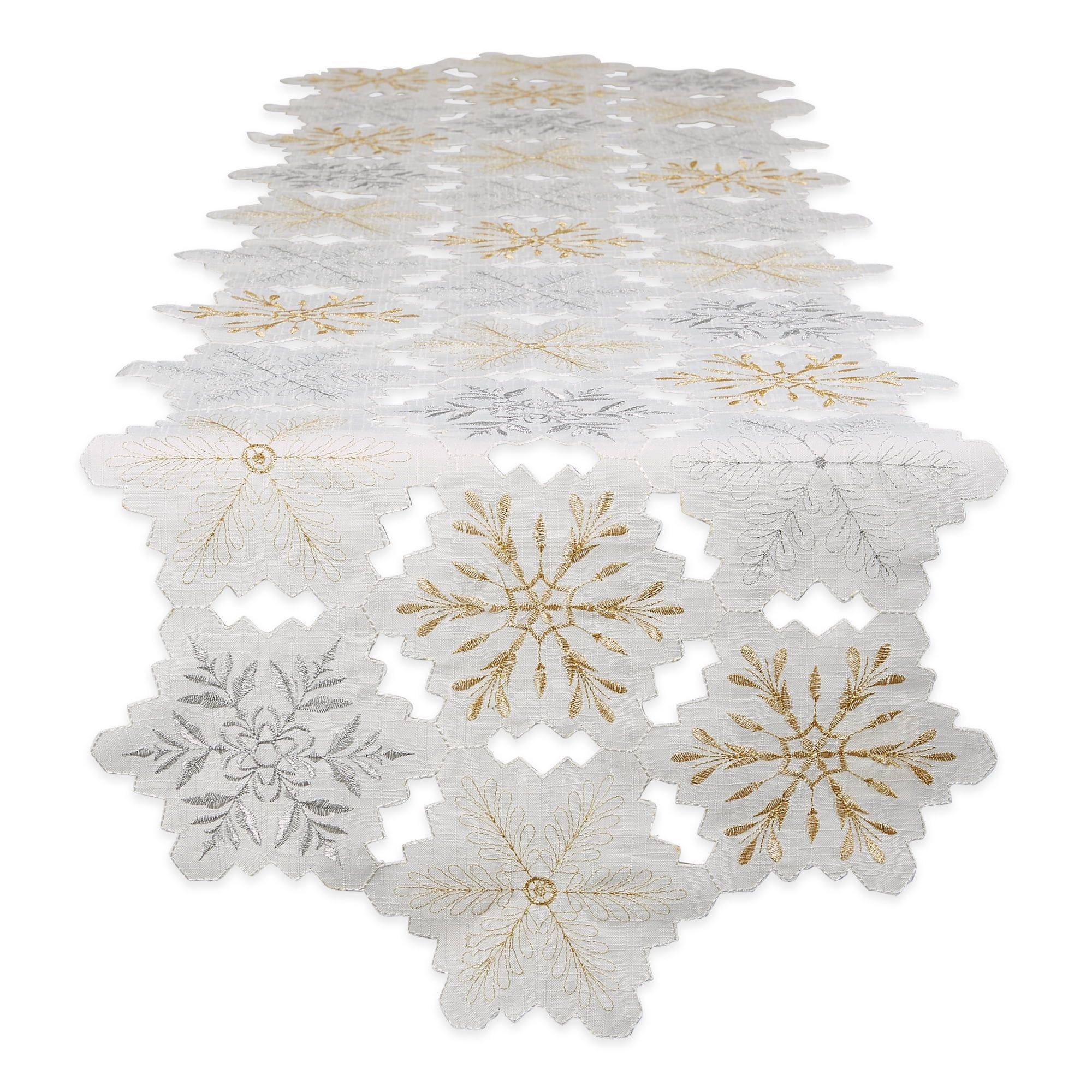 Gold and Silver Snowflakes Embroidered Polyester Table Runner, 14x108