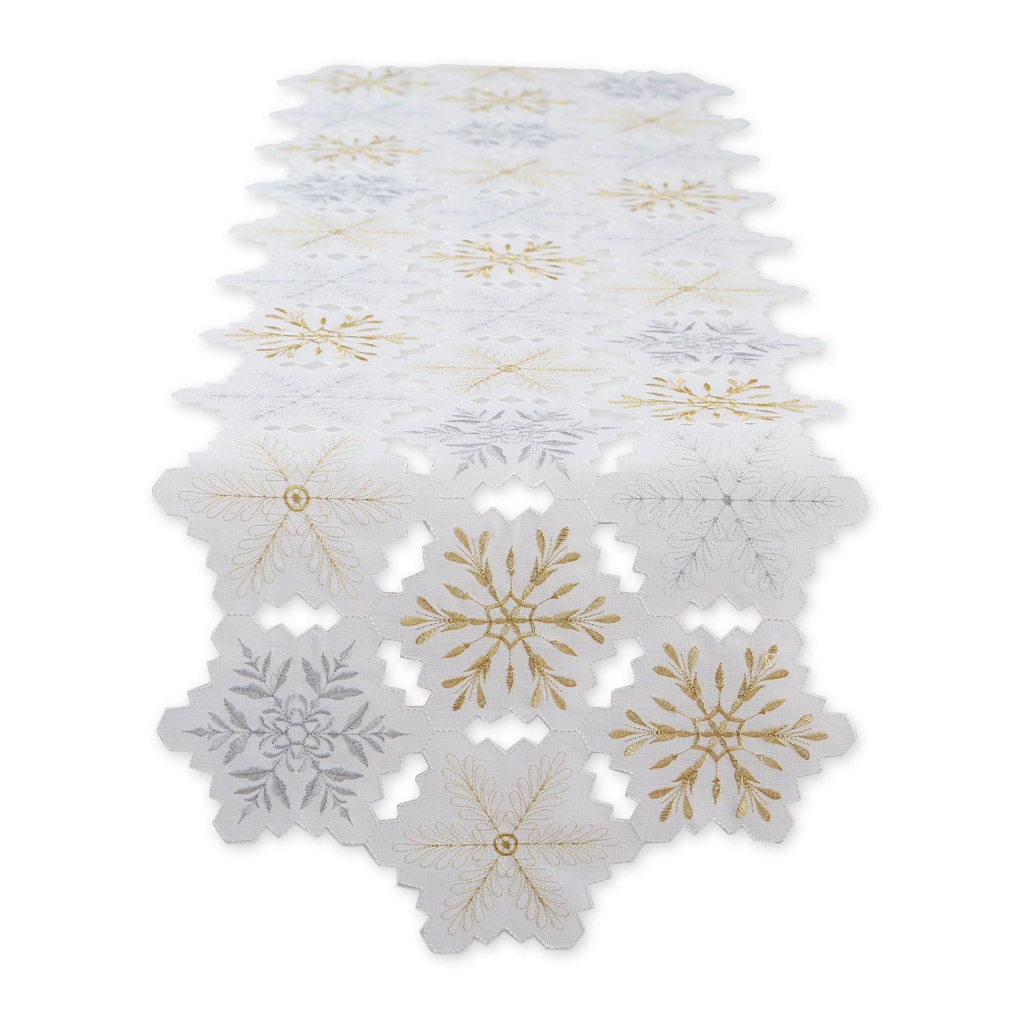 Silver and Gold Embroidered Snowflakes Polyester Table Runner