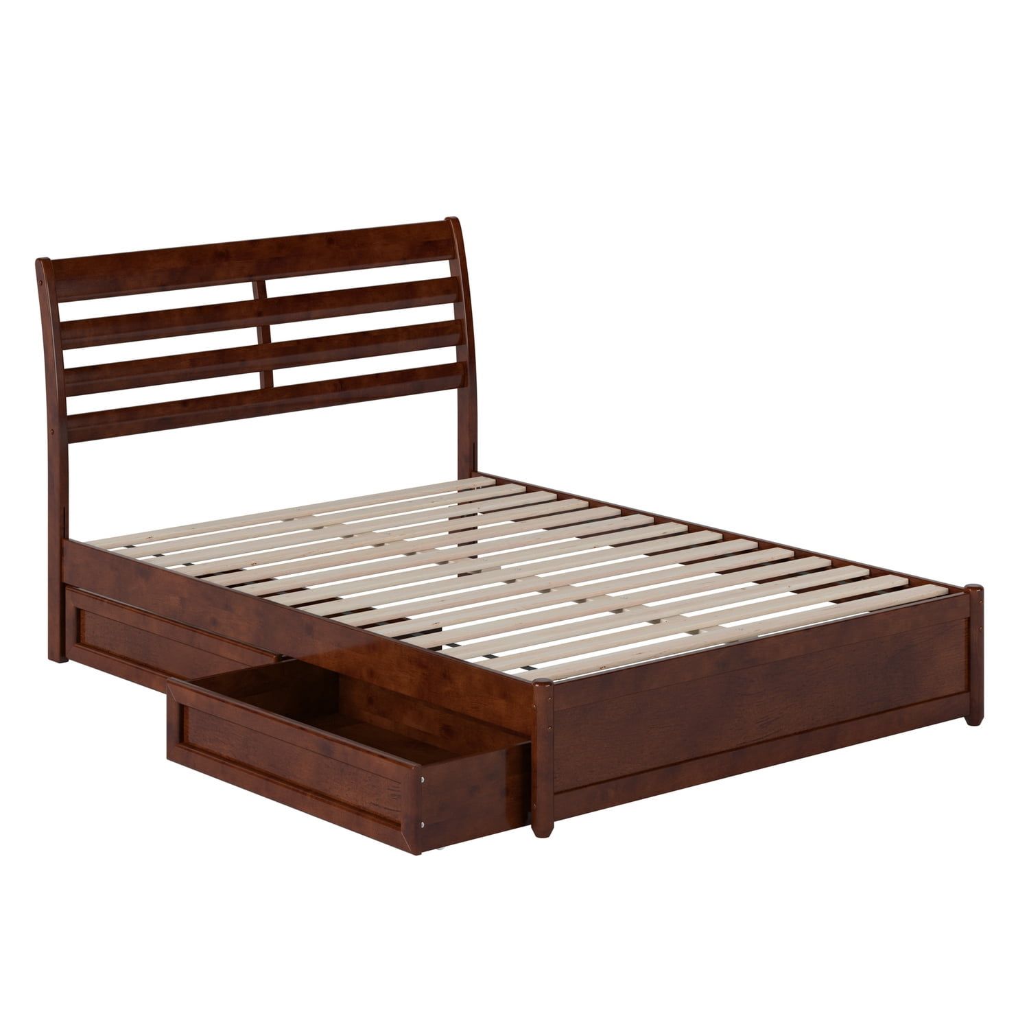 Emelie Full Walnut Wood Platform Bed with Storage Drawers