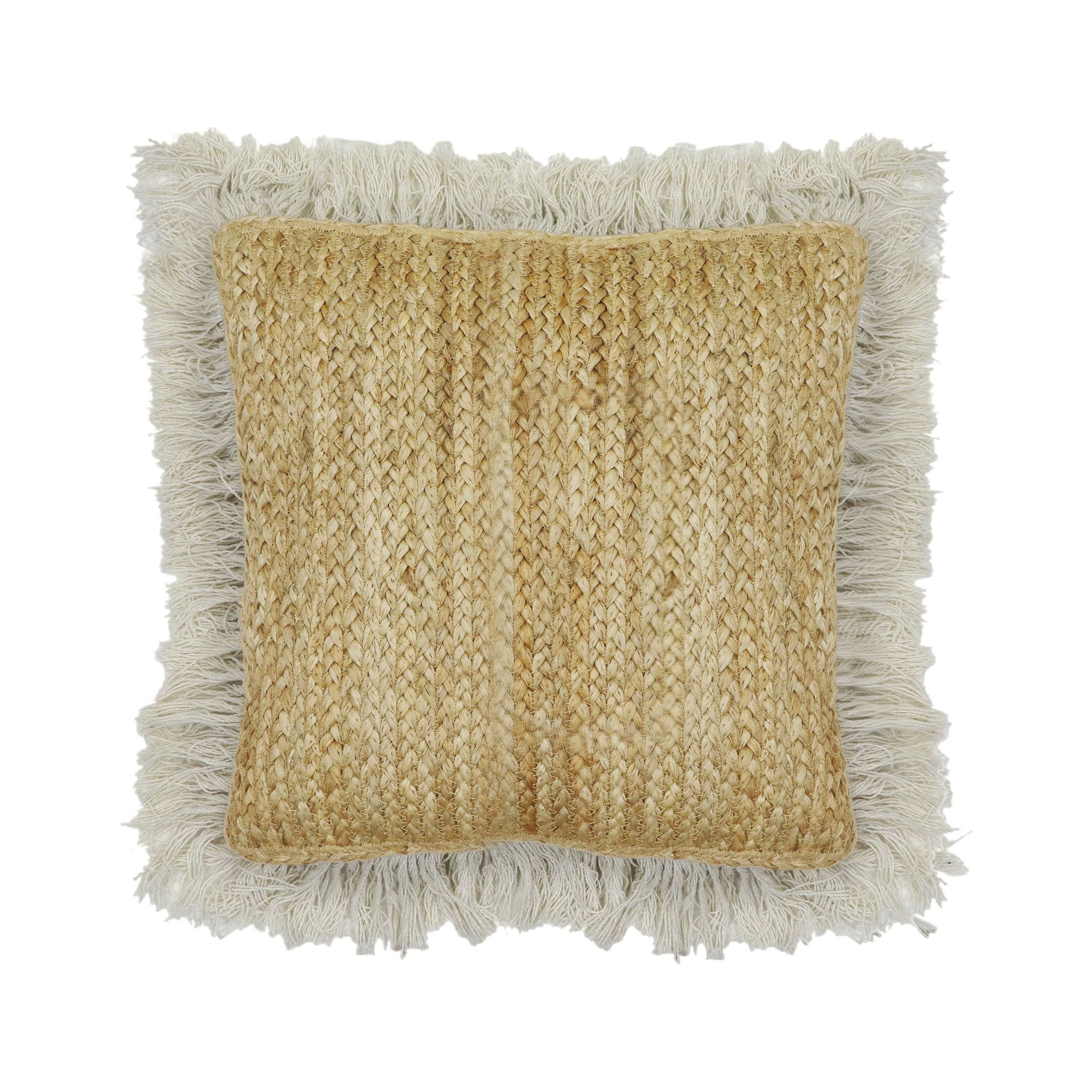 Natural Beige Jute and Cotton Square Accent Pillow with Fringe