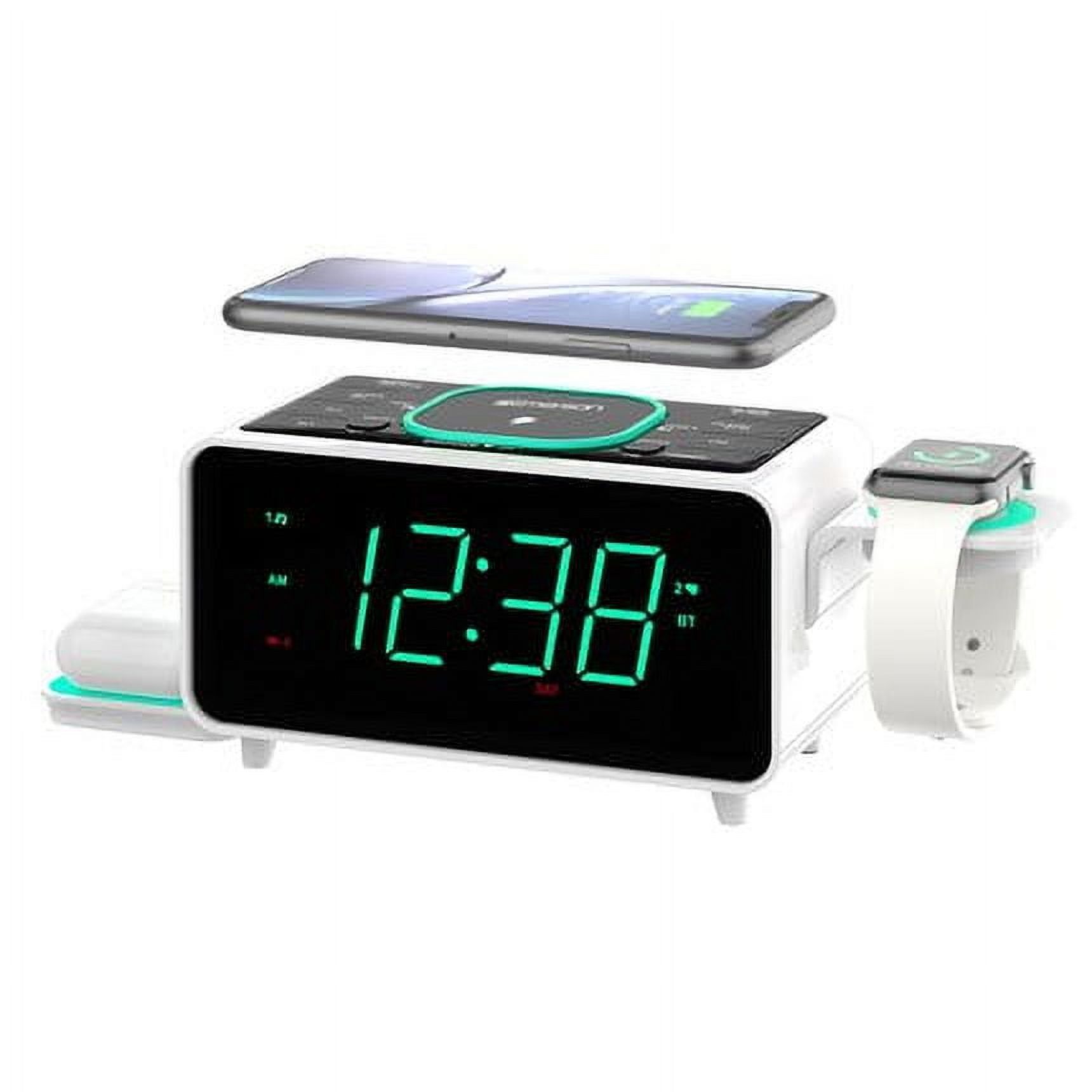 White Digital Alarm Clock with Wireless Charging and Bluetooth Speaker