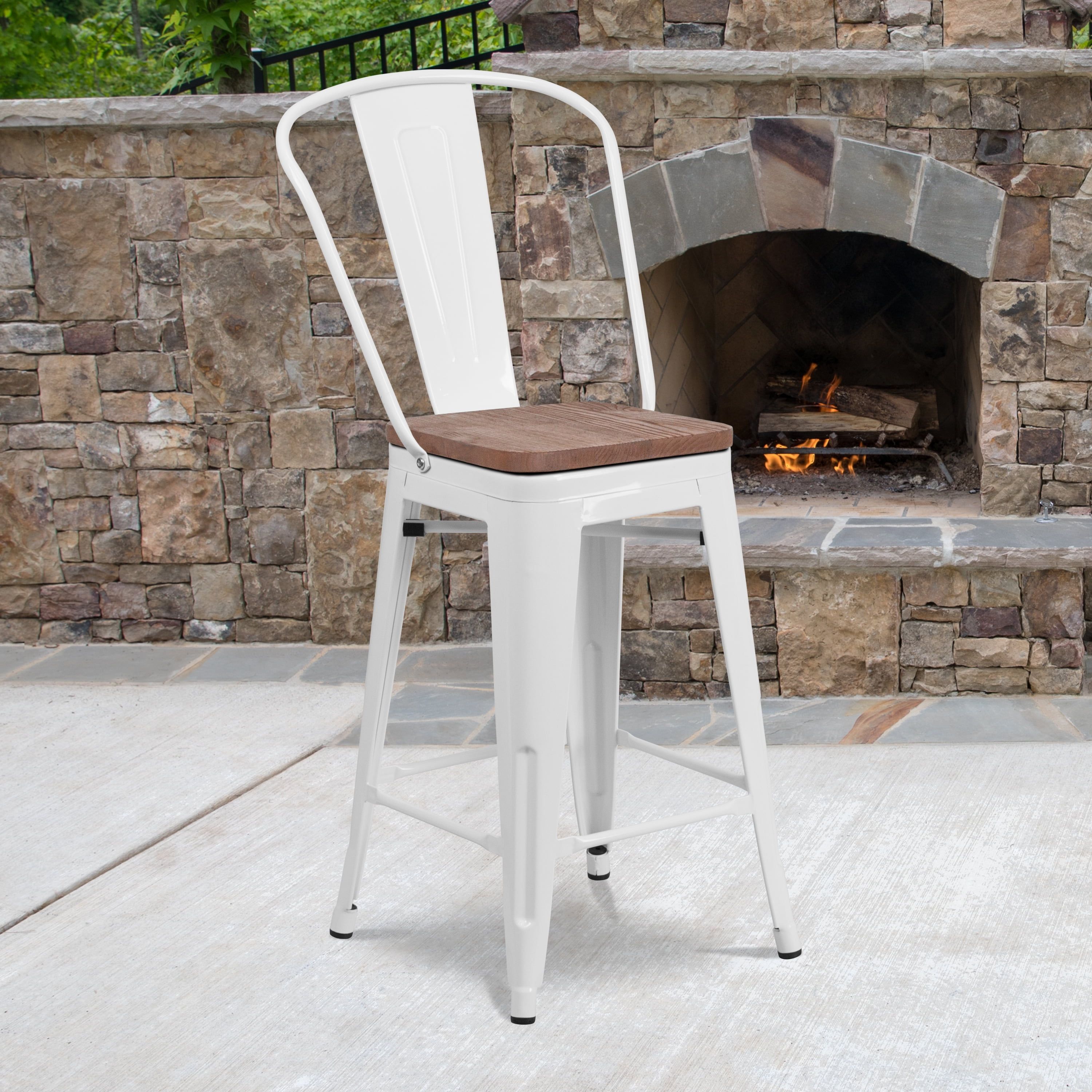 White Metal Counter Height Stool with Wood Seat