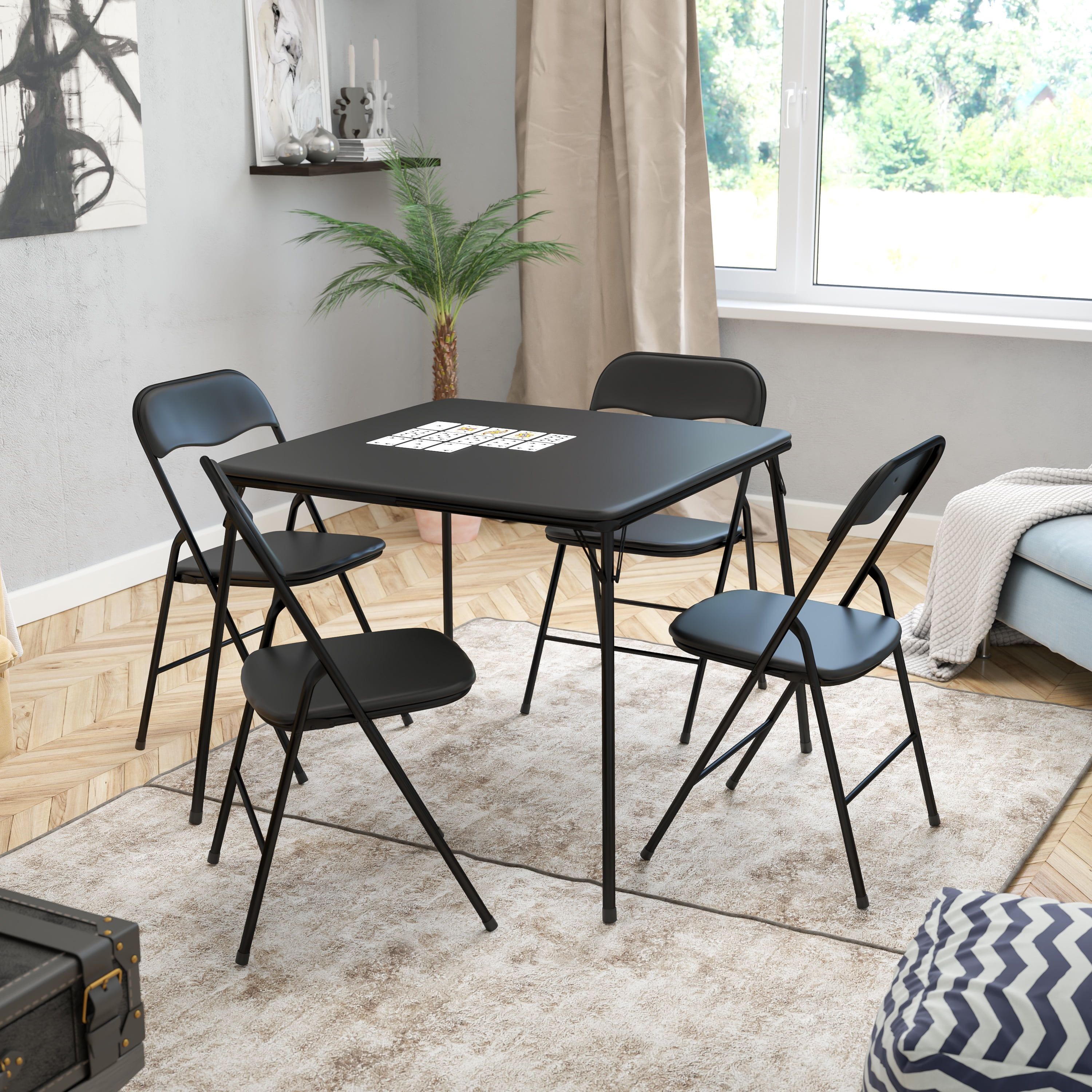 Black Metal Folding Card Table and Chair Set, 5 Piece