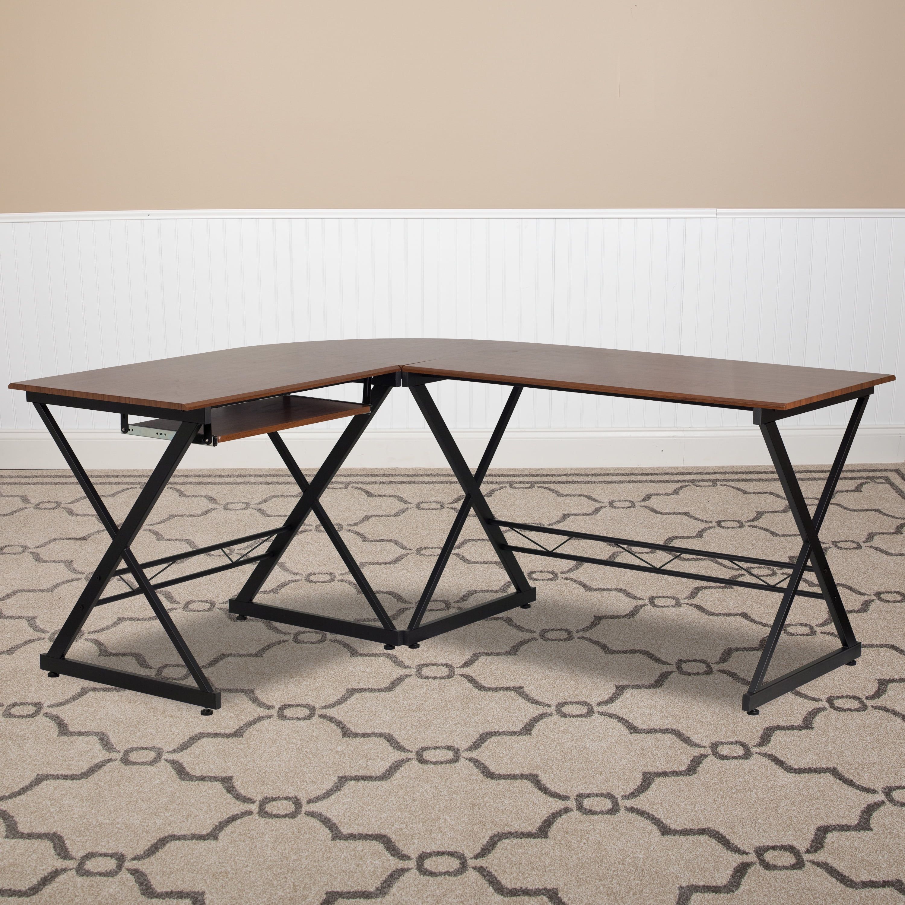 Teakwood Laminate L-Shape Computer Desk with Black X-Base