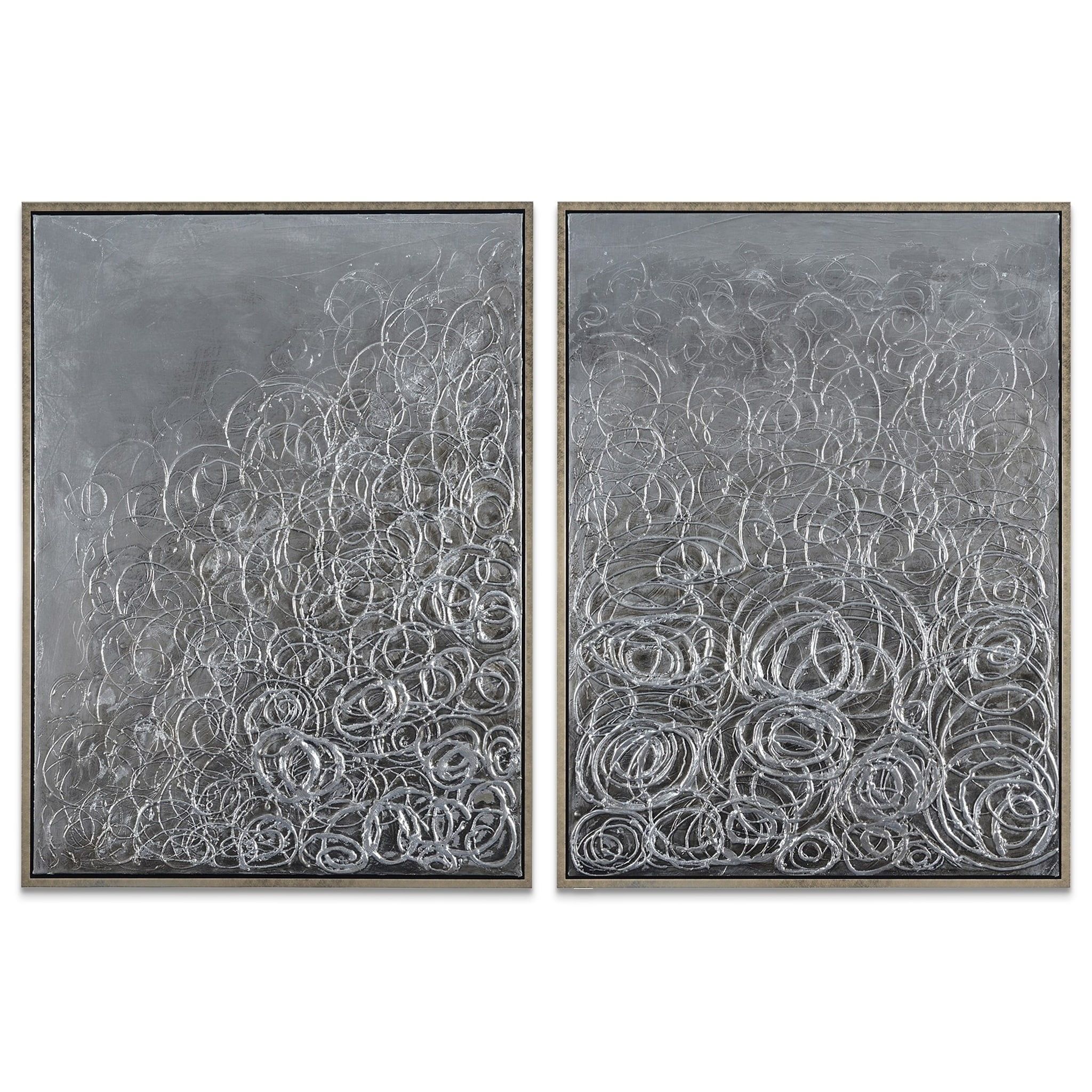 Silver Abstract Circular Logic Hand Painted Canvas Diptych