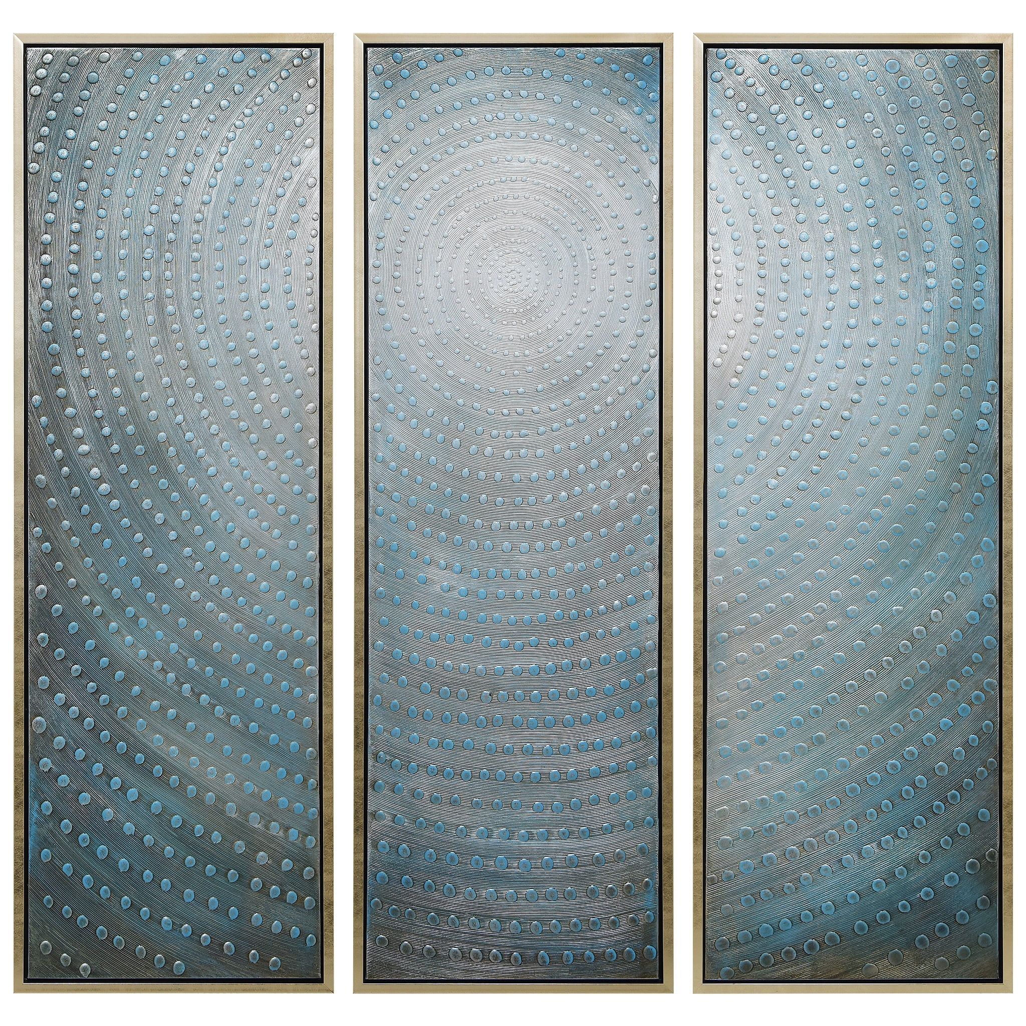 Concentric Blue and Silver Abstract Canvas Triptych, 60" x 60"