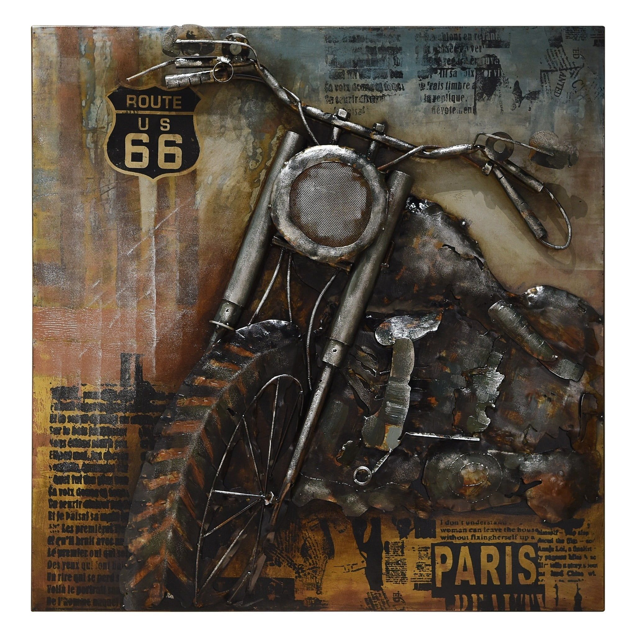 Vintage Route 66 Motorcycle Iron Wall Sculpture