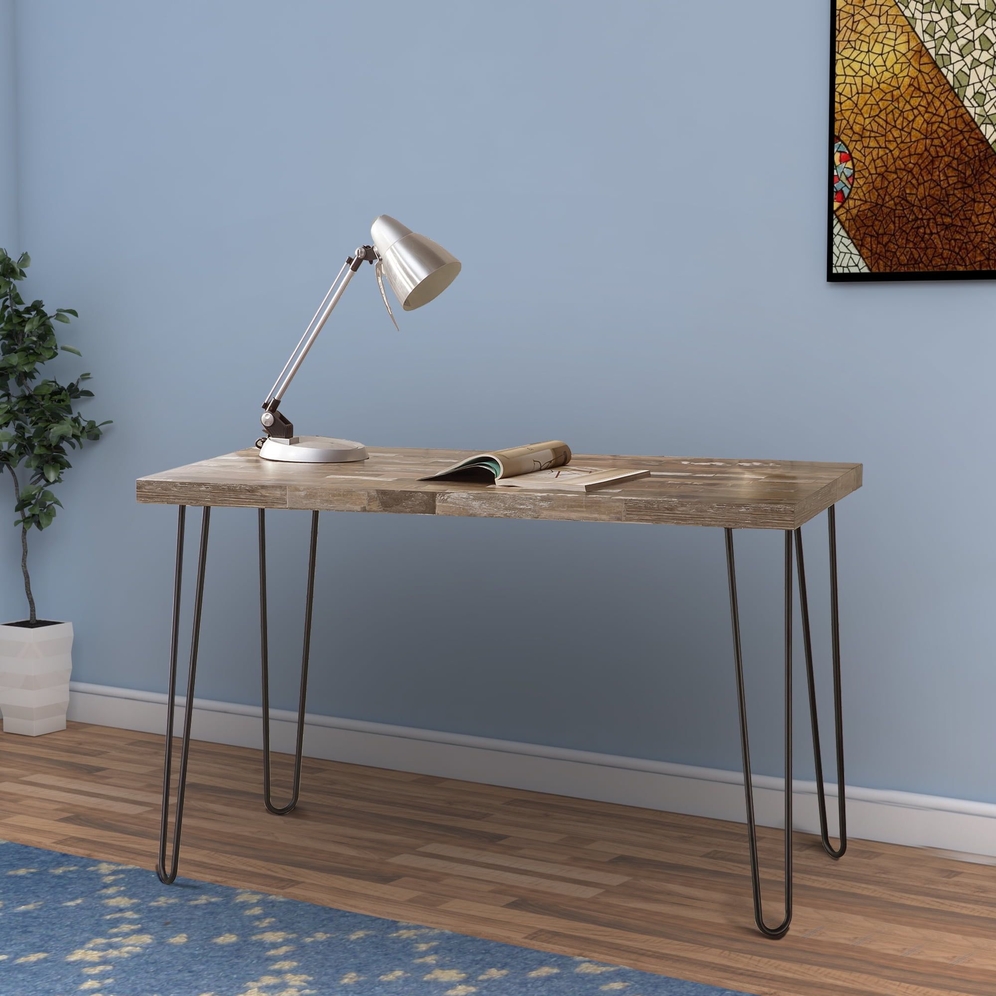 Salvaged Cabin Brown Wood Home Office Desk with Metal Hairpin Legs