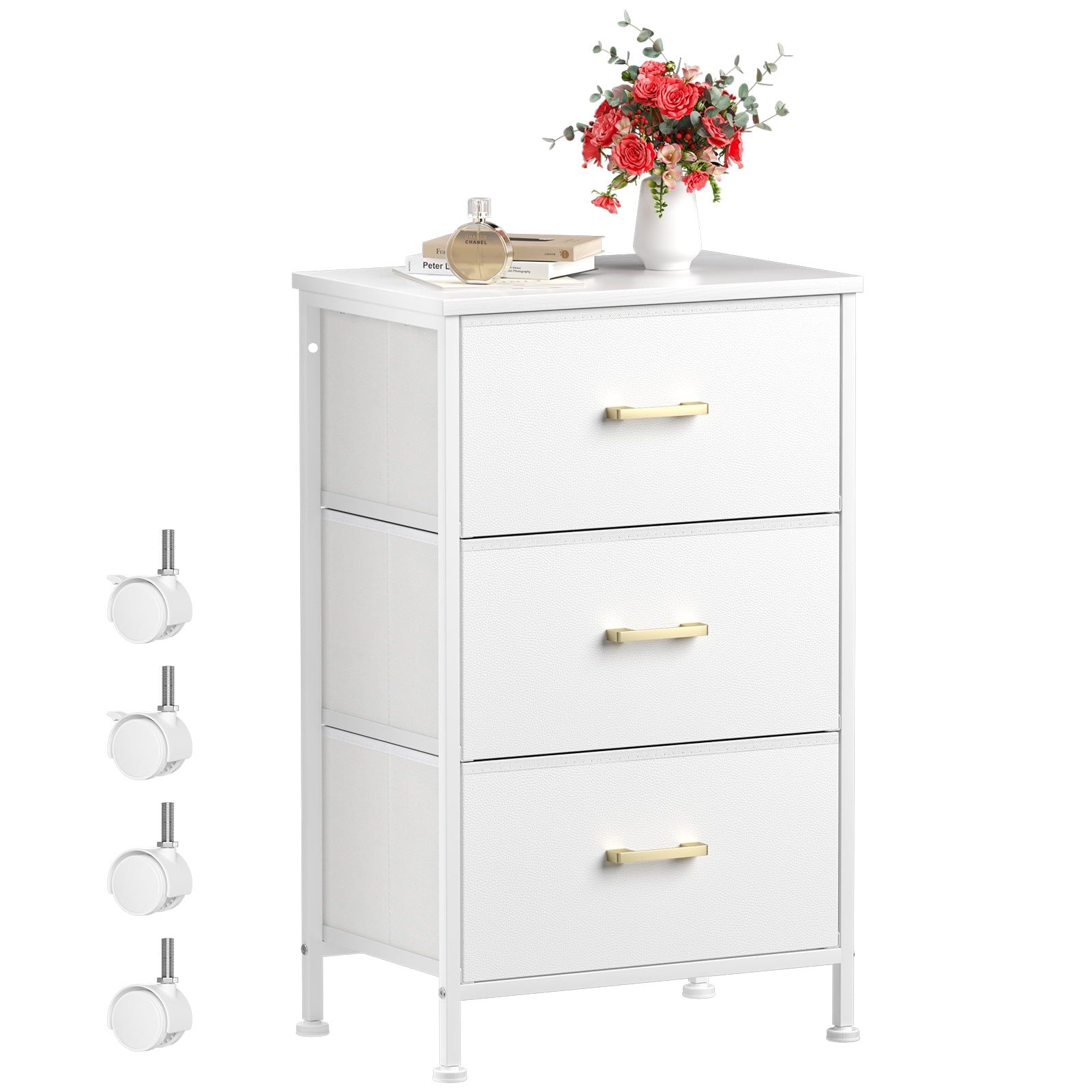 White 3-Drawer Movable Nightstand with Fabric Bins