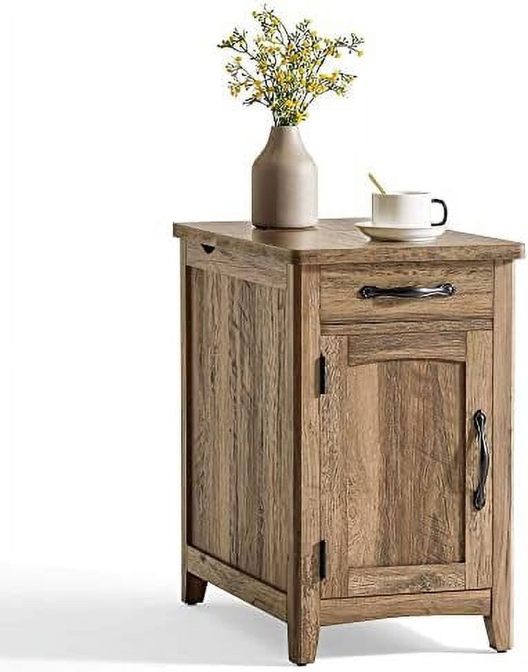 Farmhouse Brown Wood End Table with Charging Station and Drawer