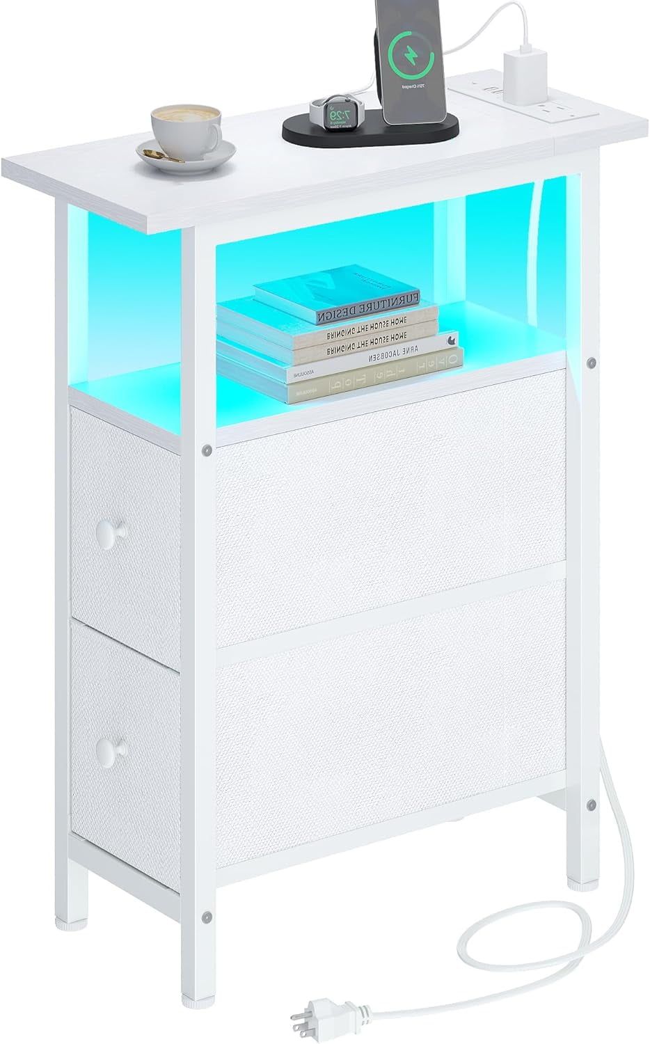 White Slim End Table with LED Light and Charging Station