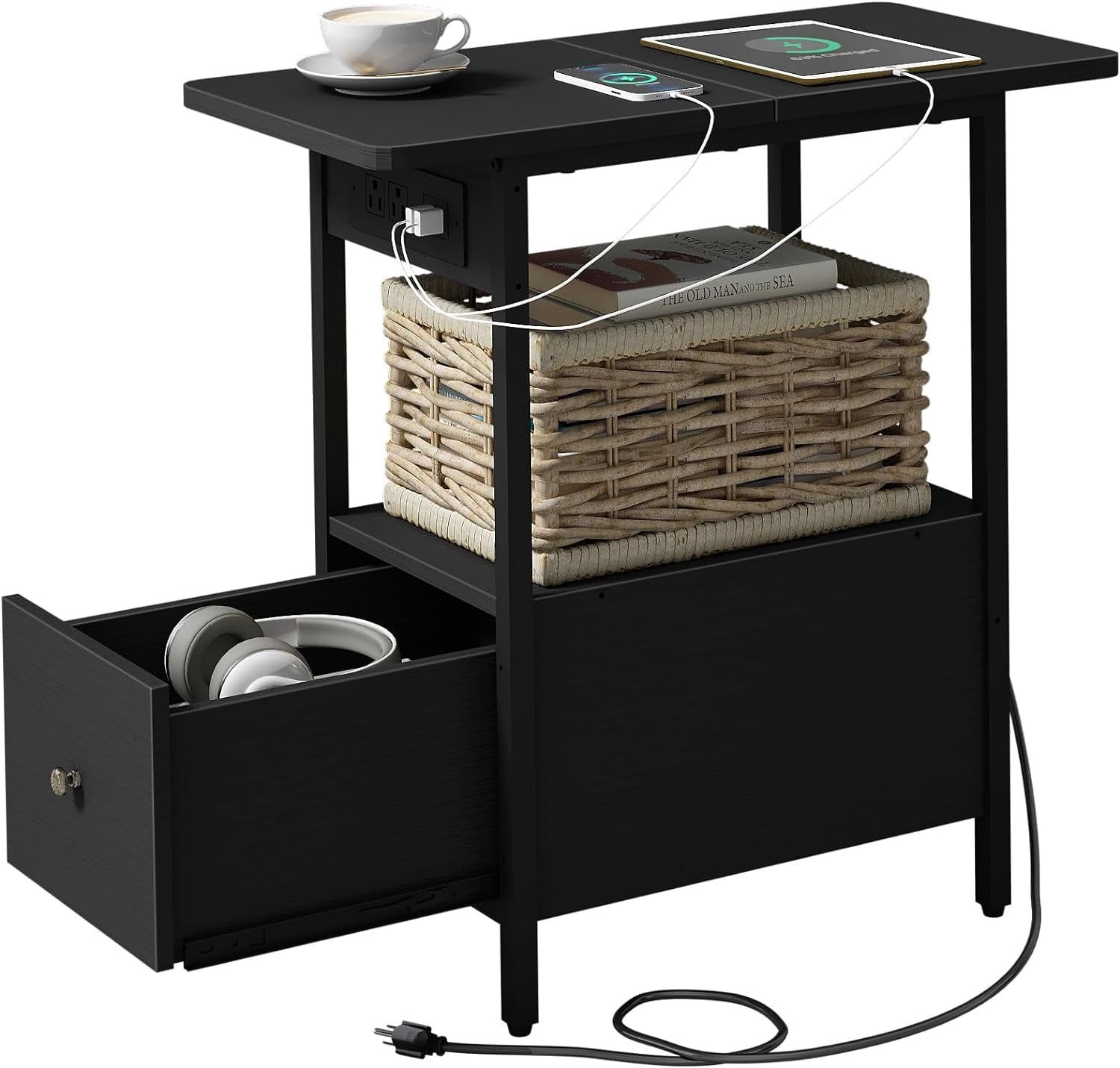 Black Particleboard and Iron End Table with Charging Station and Drawer