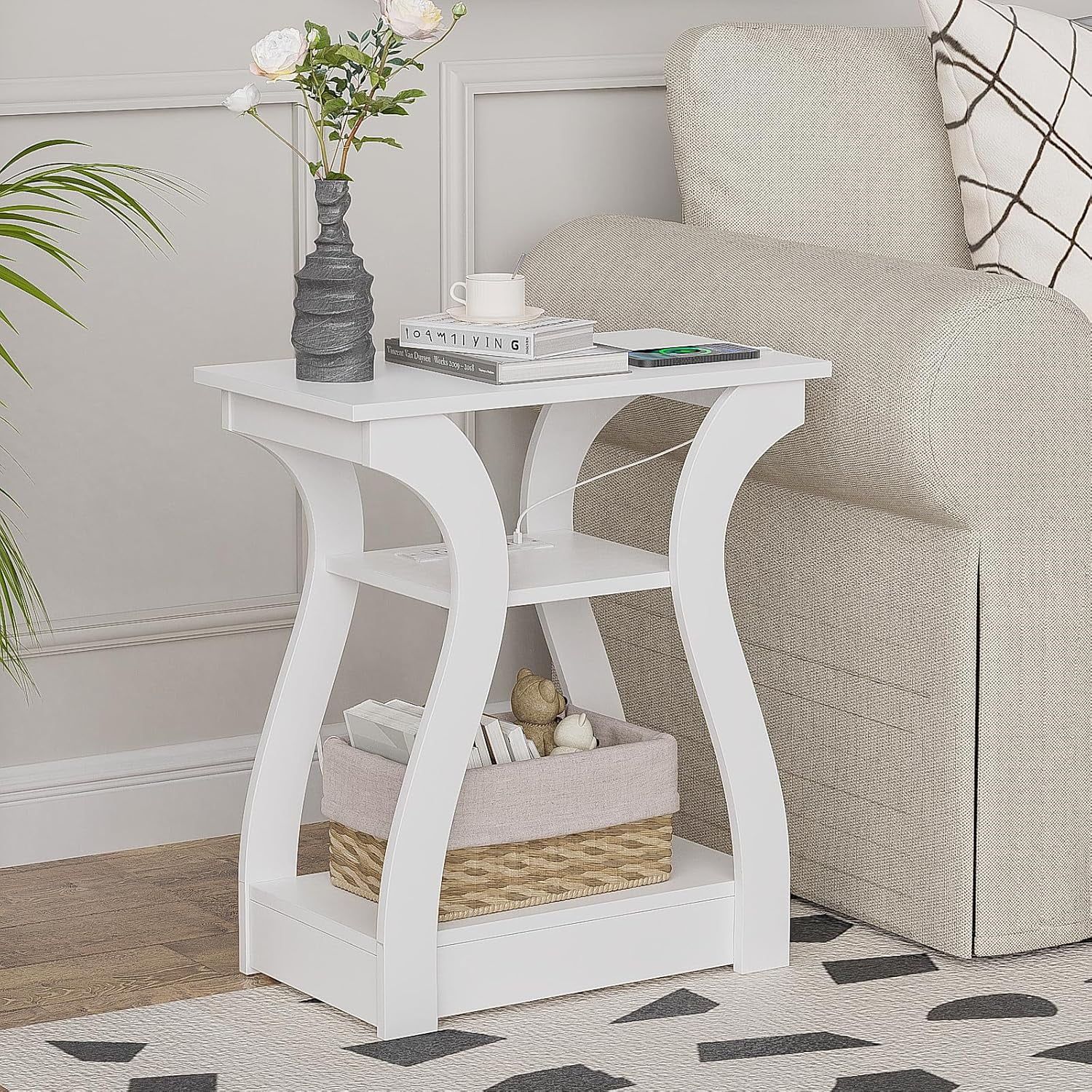 White 3-Tier Wooden End Table with Charging Station