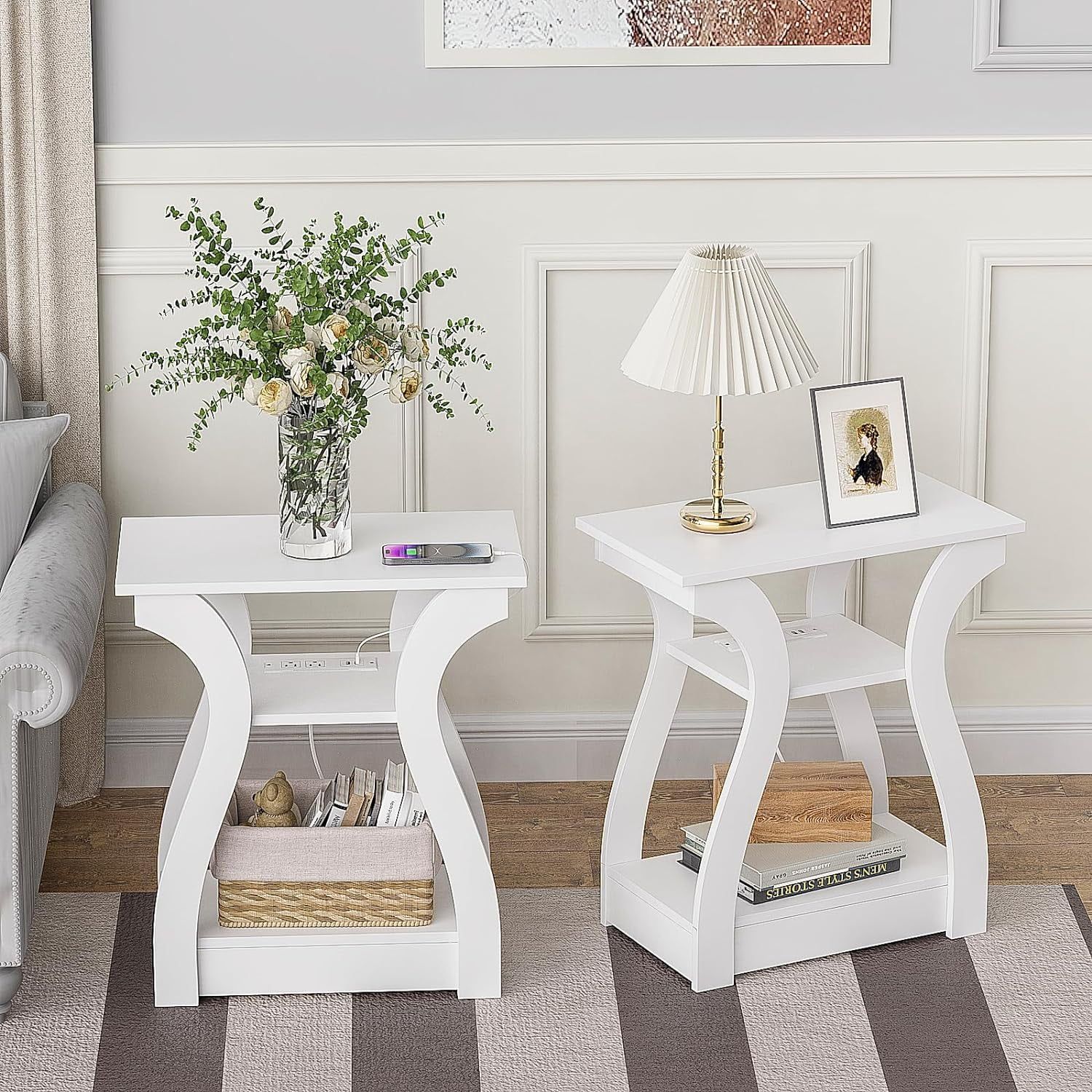 White 3-Tier End Table Set with Charging Station