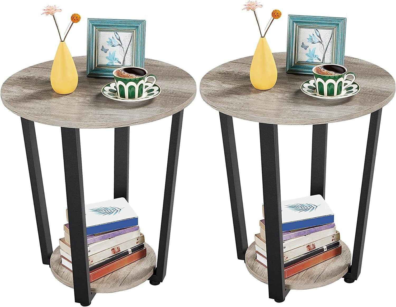 Gray Round Wood and Metal End Table Set with Storage Shelf