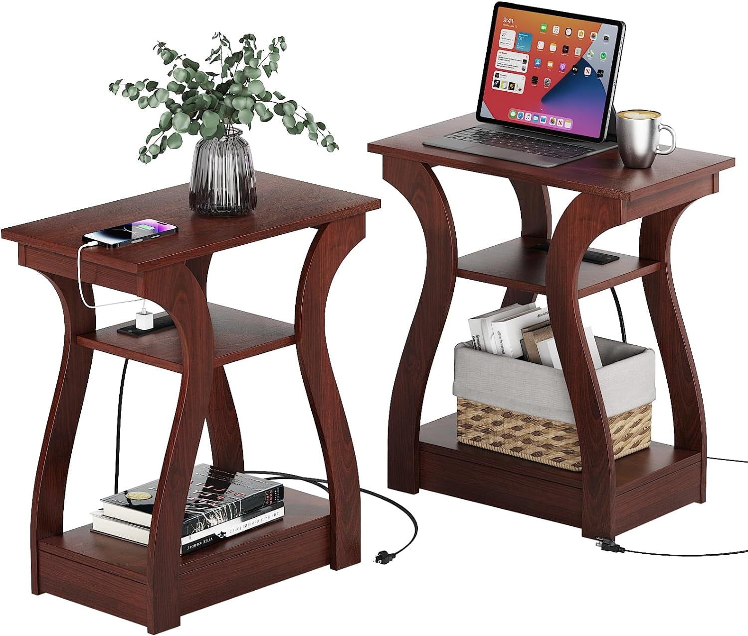 Cherry 3-Tier End Table Set with Charging Station