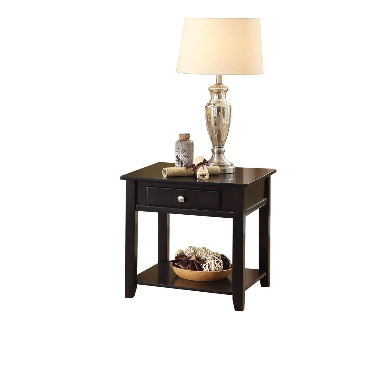 Black Wood Rectangular End Table with Drawer and Shelf