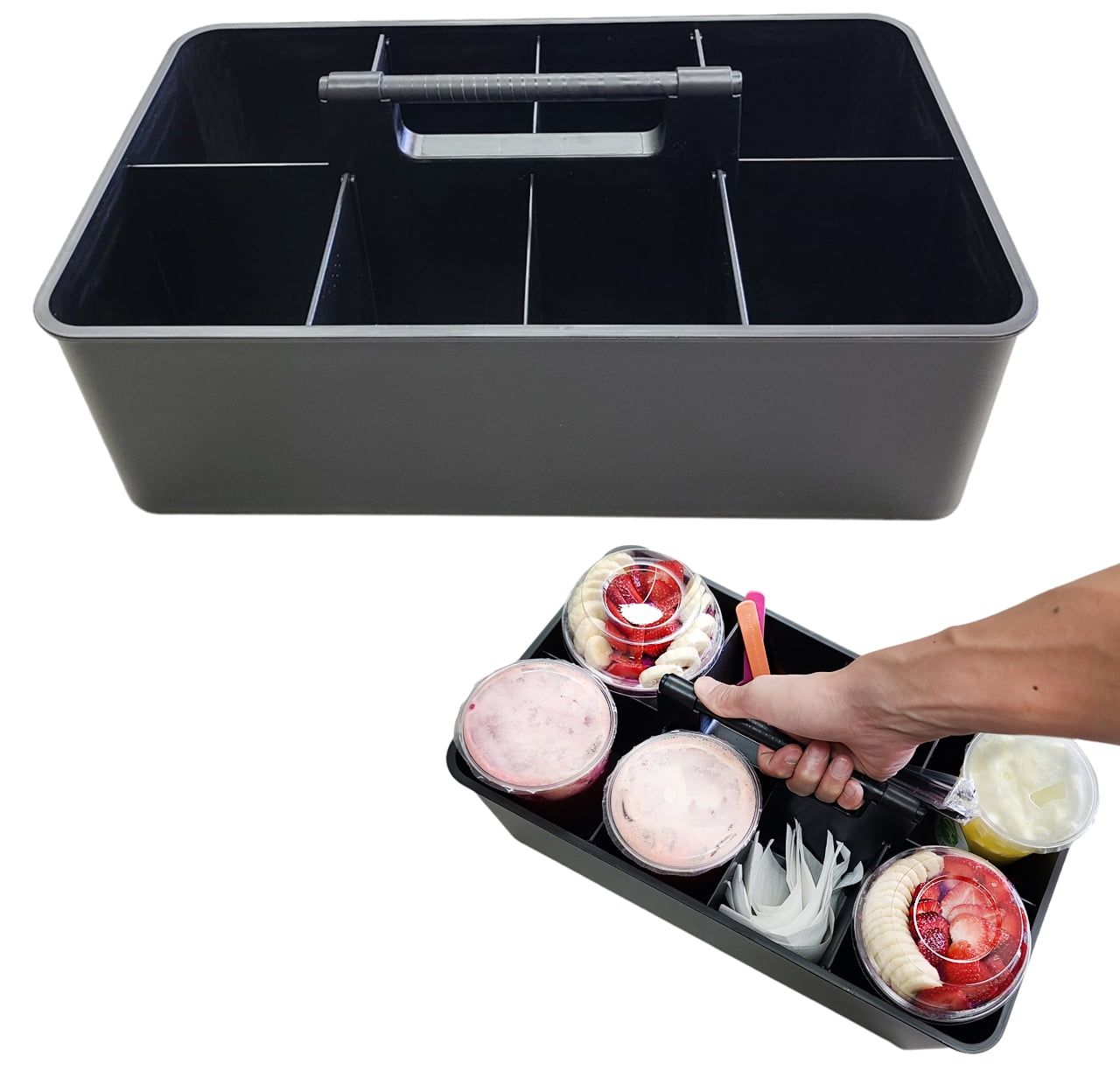 Large Black Stackable Plastic Caddy with Dividers