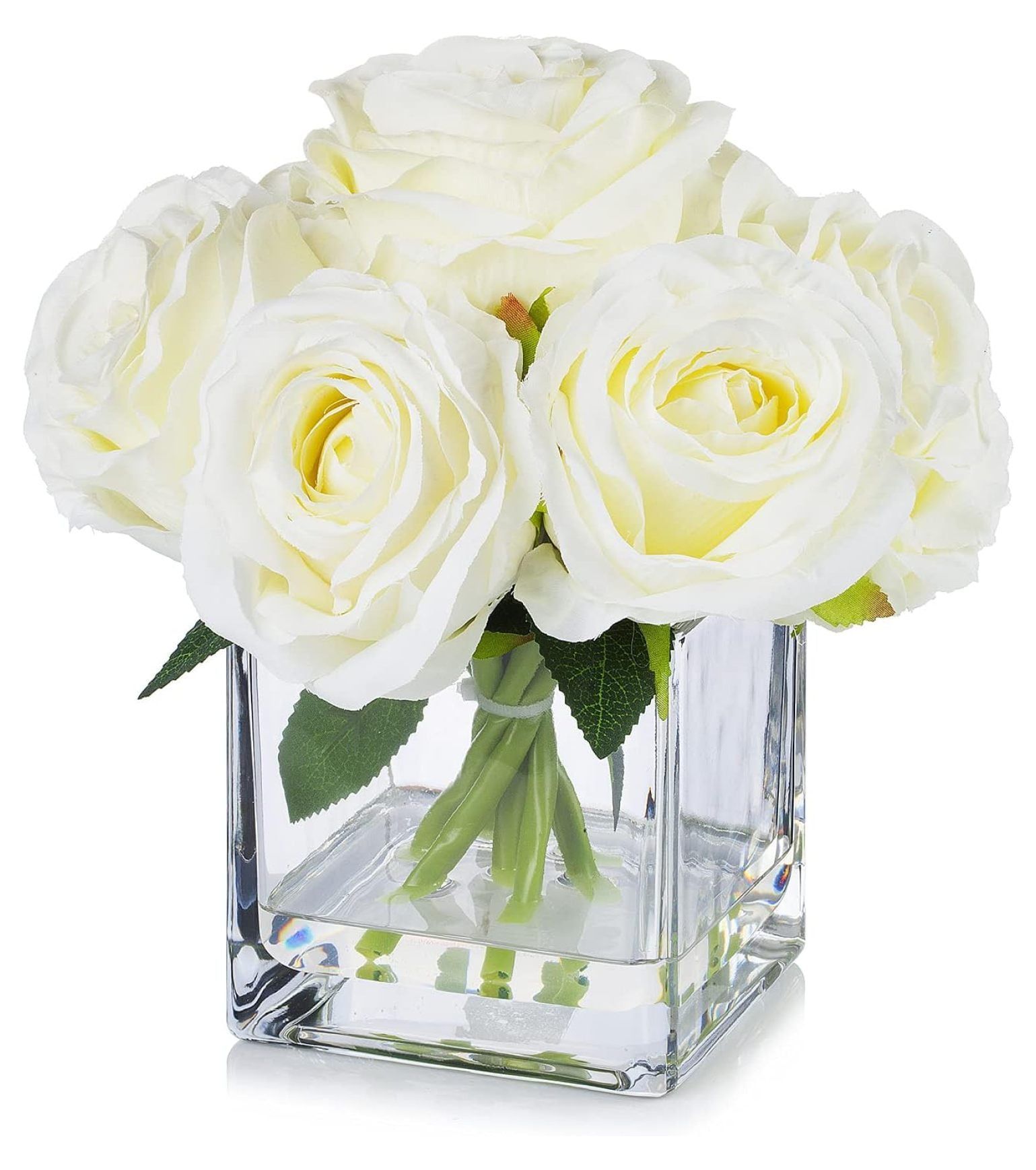 Cream Silk Rose Arrangement in Clear Glass Vase