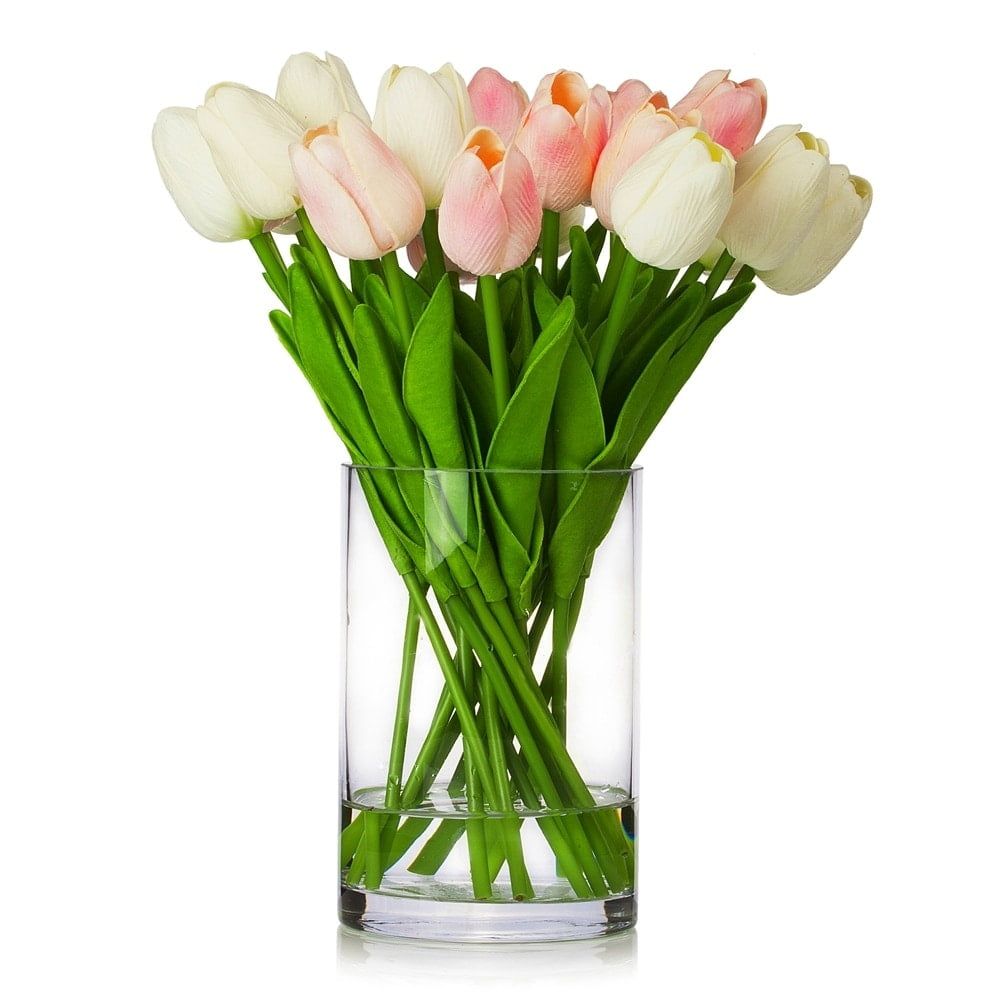 White Pink Silk Tulip Arrangement in Glass Vase with Faux Water