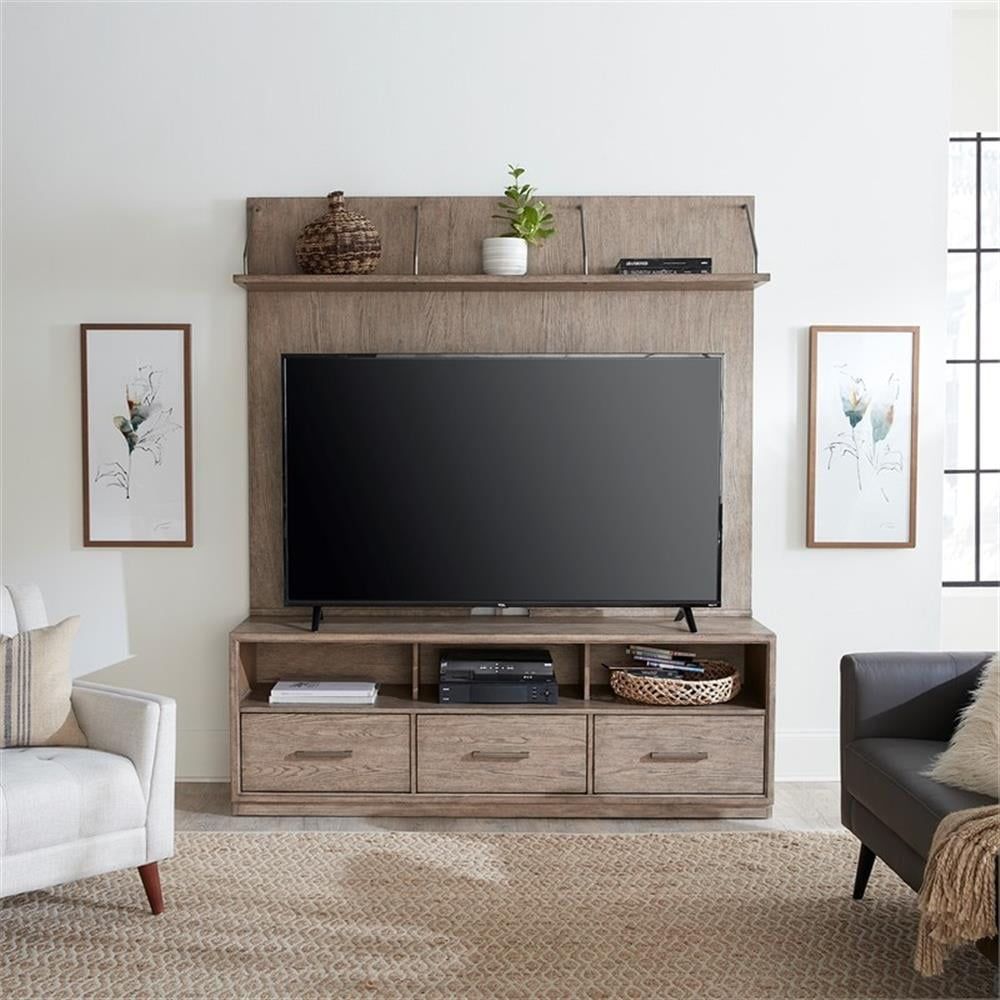 Burnished Beige Rubberwood Entertainment Center with Brass Hardware