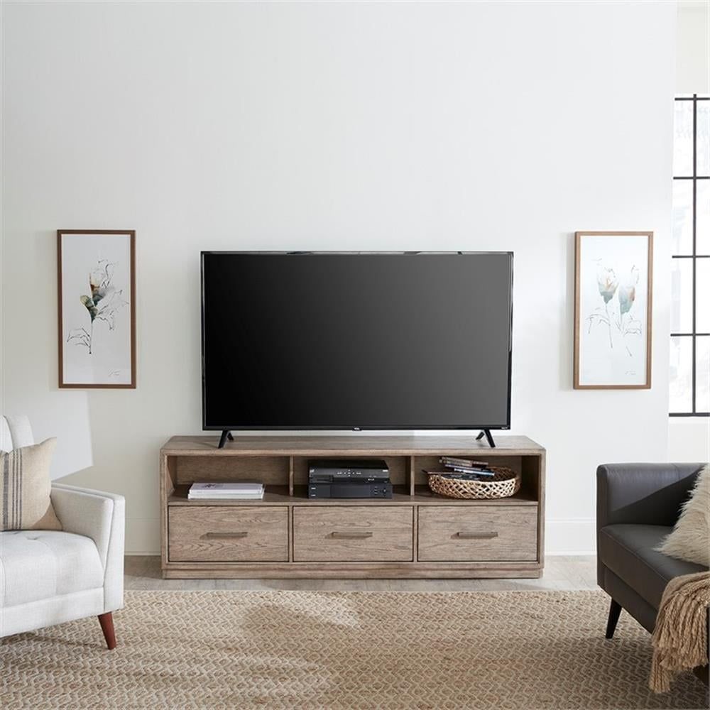 Burnished Beige 70" Entertainment TV Console with Brass Hardware