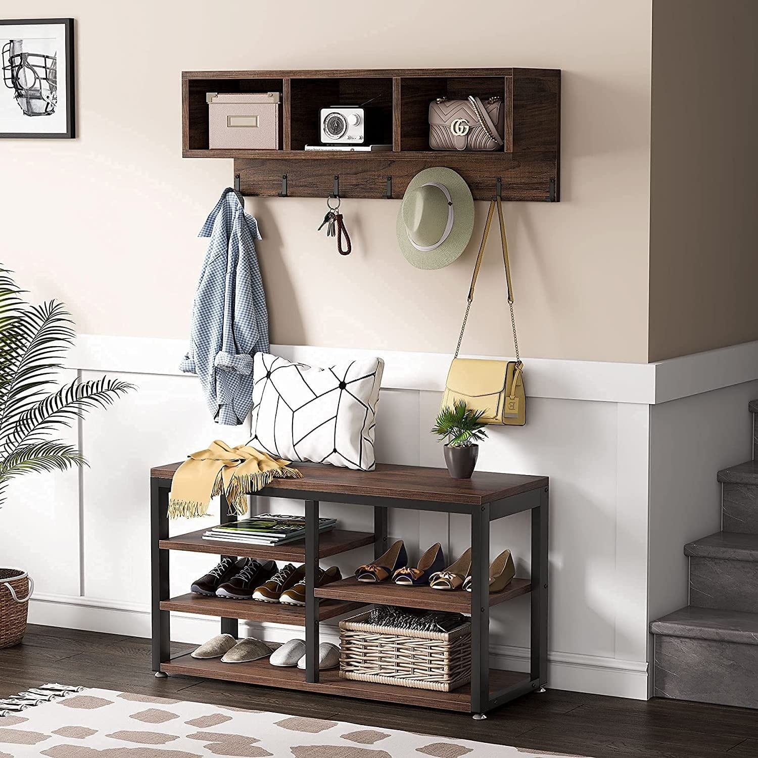 Rustic Brown Industrial Hall Tree with Storage Bench