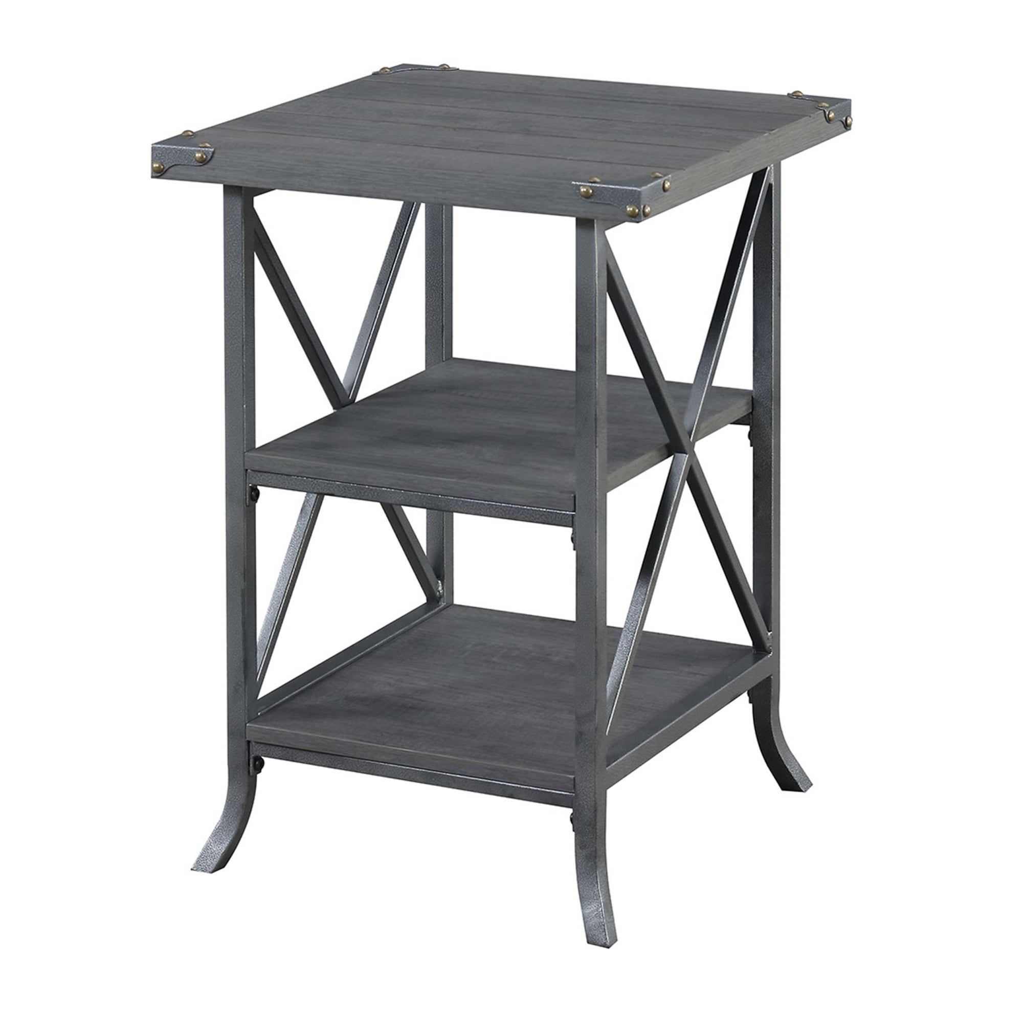 Gray Wood and Metal End Table with Storage Shelves