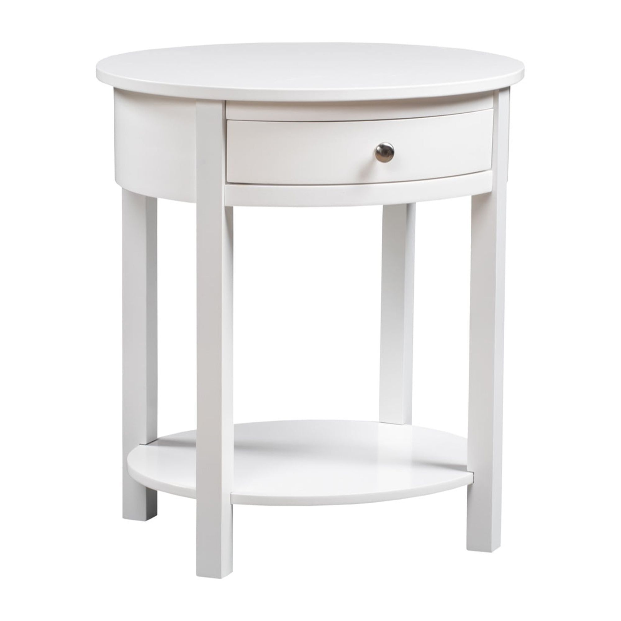 White Round Wood End Table with Drawer and Shelf