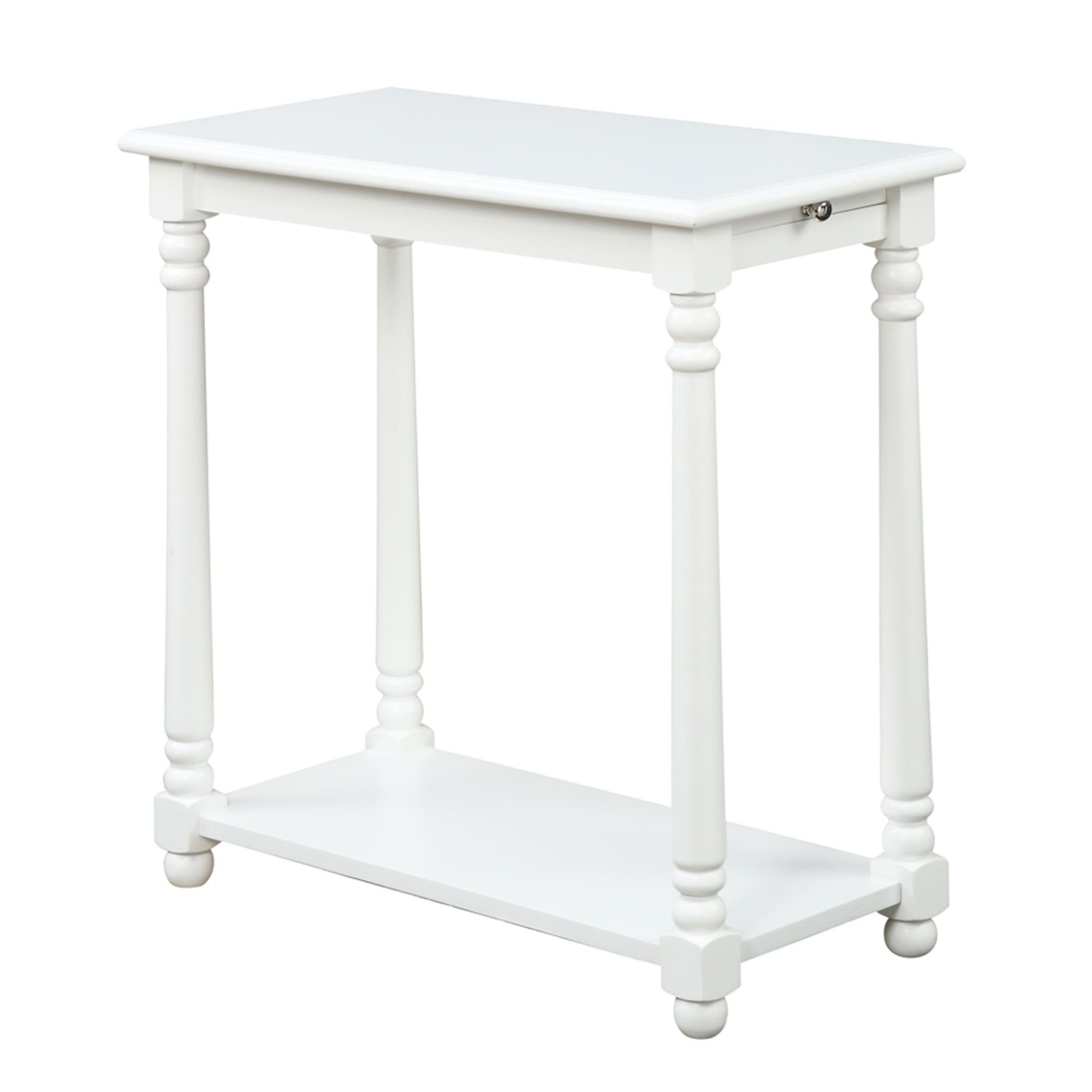 White Wood French Country End Table with Pull Out Tray