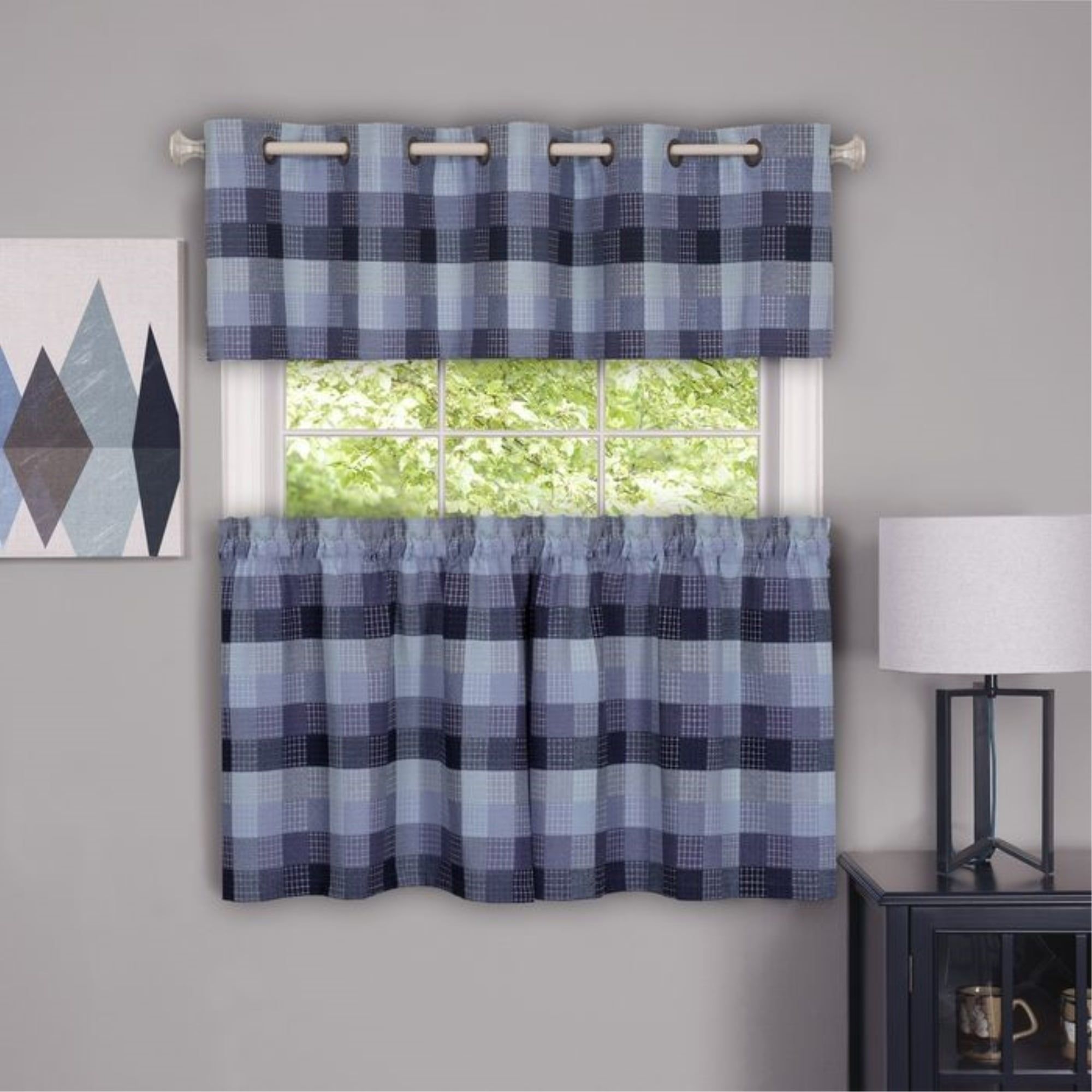 Blue Plaid Grommet Top Valance with 10 Grommets